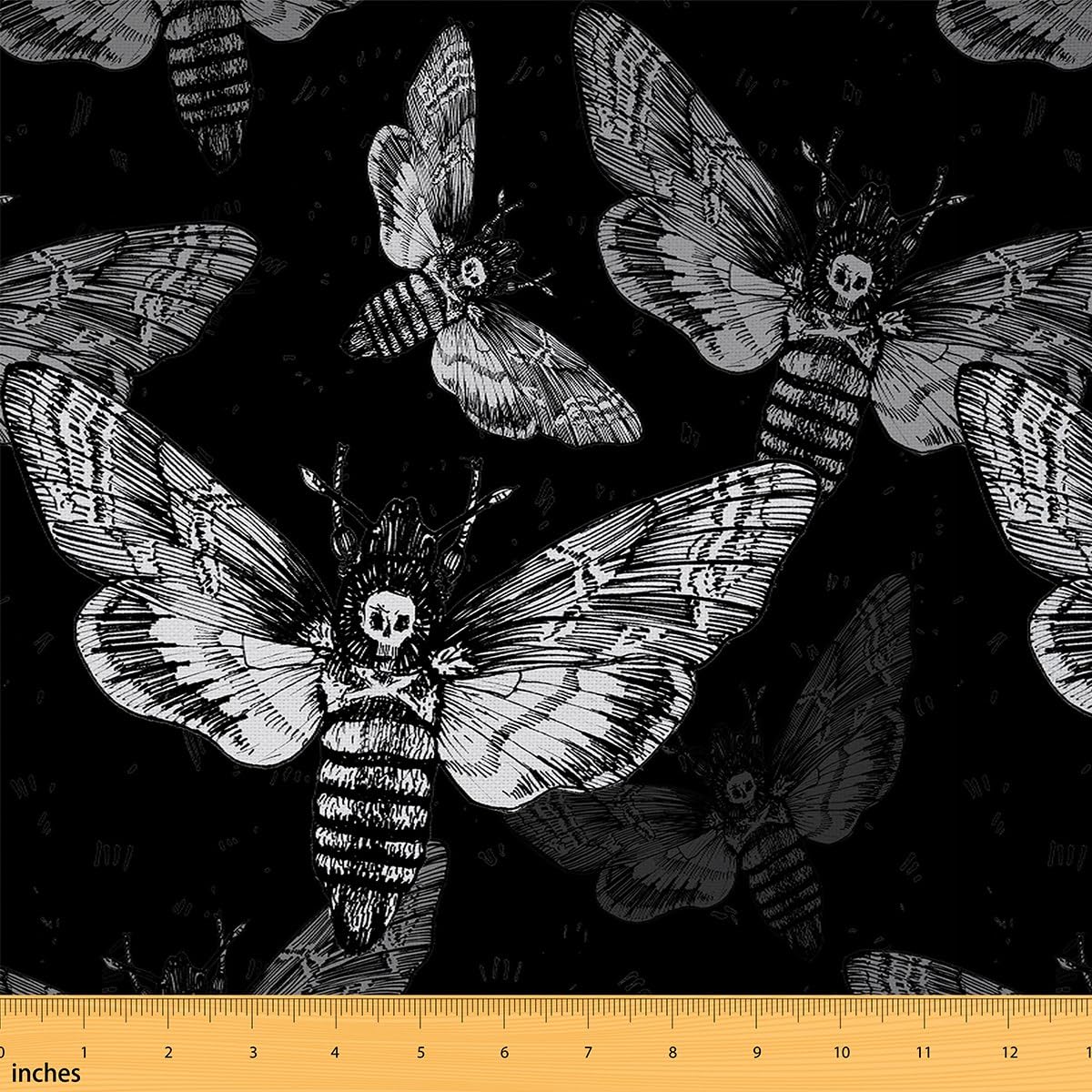 Gothic Moth Fabric by The Yard,Halloween Style White Skull Home DIY Fabric by The Yard,Death Moth Butterfly Fabric for and Home Accents,1 Yard