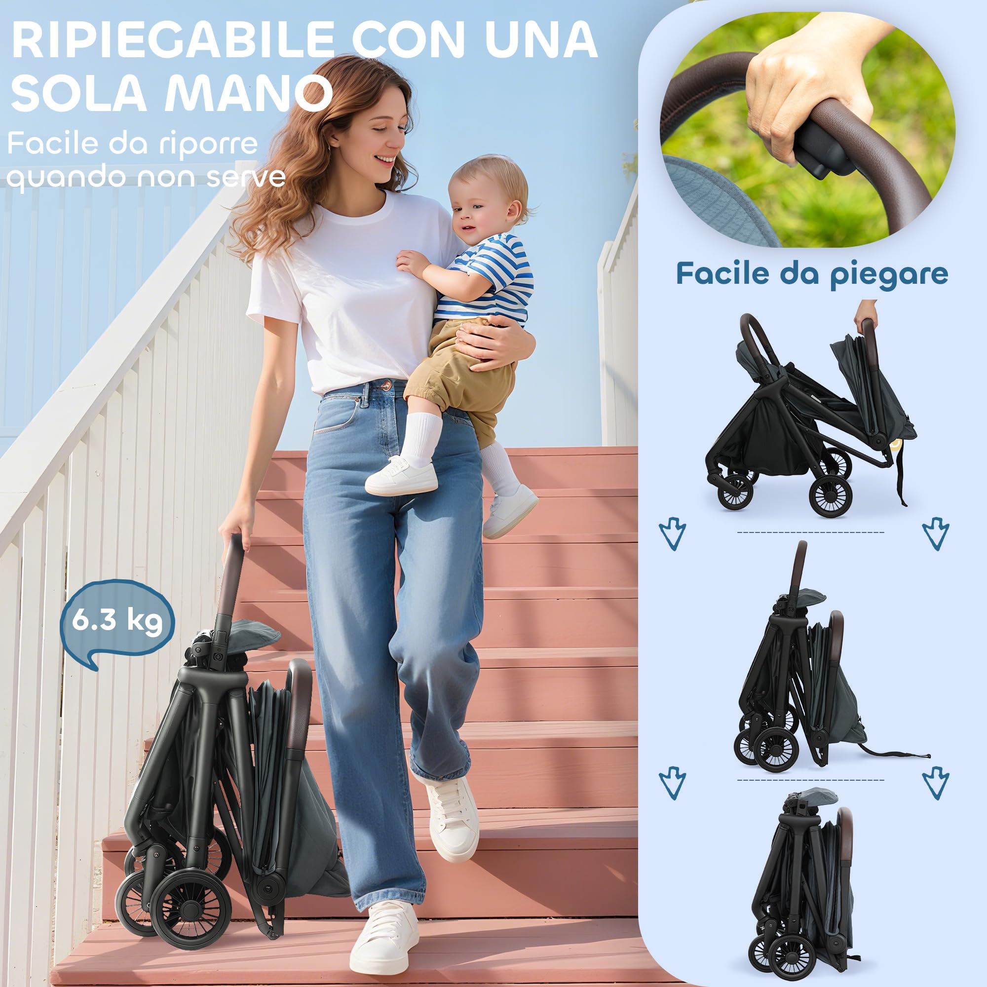 AIYAPLAY Passeggino Leggero 6.3kg per Bambini 0-3 Anni Pieghevole una Mano, Passeggino Compatto Reclinabile con Poggiapiedi Regolabile e Cappottina, Ruote e Cesto Portaoggetti, Fino a 15 kg, Blu