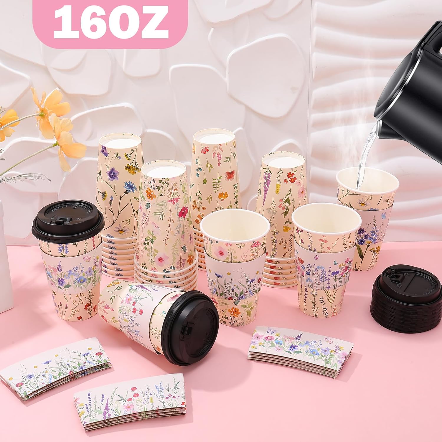 50 Pack 16Oz Vintage Floral Disposable Coffee Cups with Lids and Sleeves Flower To Go Coffee Spring Paper Cups for Tea Party Birthday Weddings Baby Shower