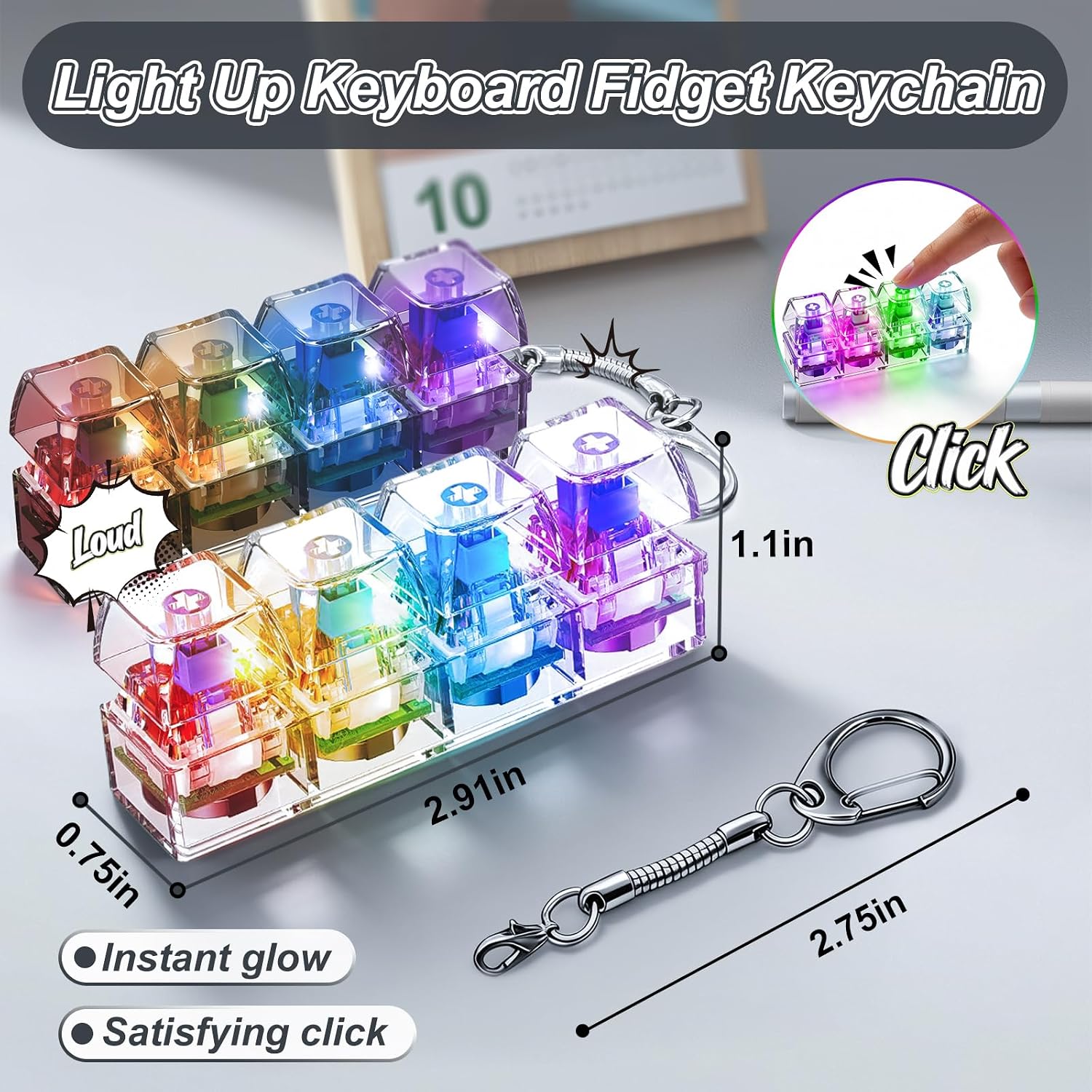 ATESSON 2 Pack Keyboard Clicker Fidget Toy Keychain with LED Light Satisfying Tactile Feedback for Kids & Adults Anxiety Stress Relief for Office Desk School Travel Light Up Clicky Keyboard Fidget Toy
