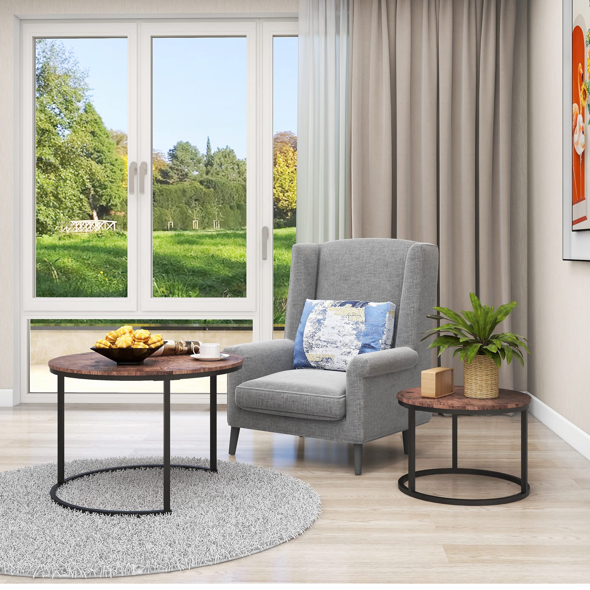 BOFENG Round Nesting Coffee Tables, Set of 2 End Tables for Living Room/Balcony, Stacking Industrial Side Tables, Wood Look Accent Furniture with Sturdy Metal Frame,Easy Assembly(Rustic Brown)