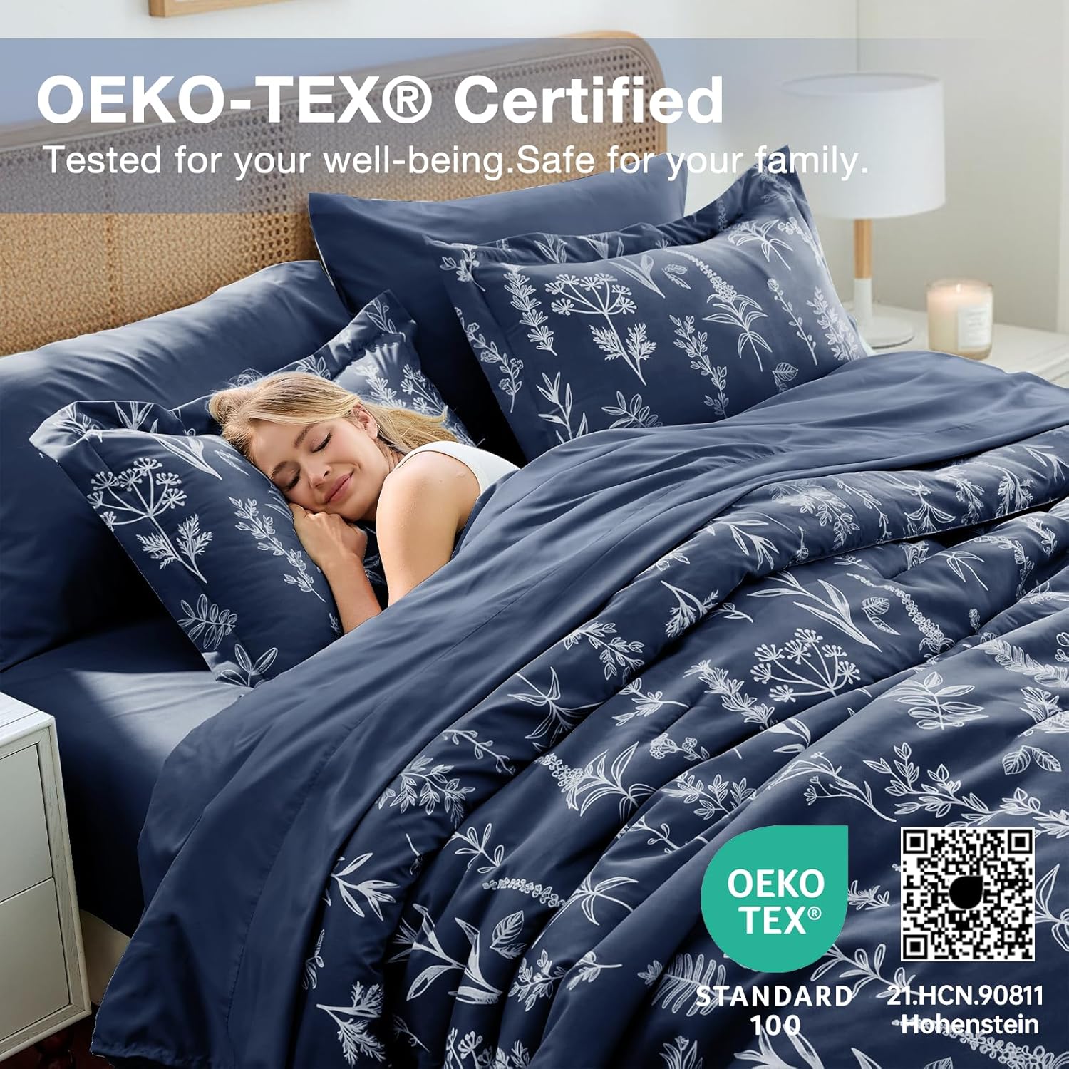 MUXHOMO Navy Blue King Comforter Set, Elegant Floral Print Bed in a Bag 7 Pieces, Ultra Soft & Breathable Reversible Botanical Pattern Bedding Set with Comforter, Sheets, Pillowcases, and Shams