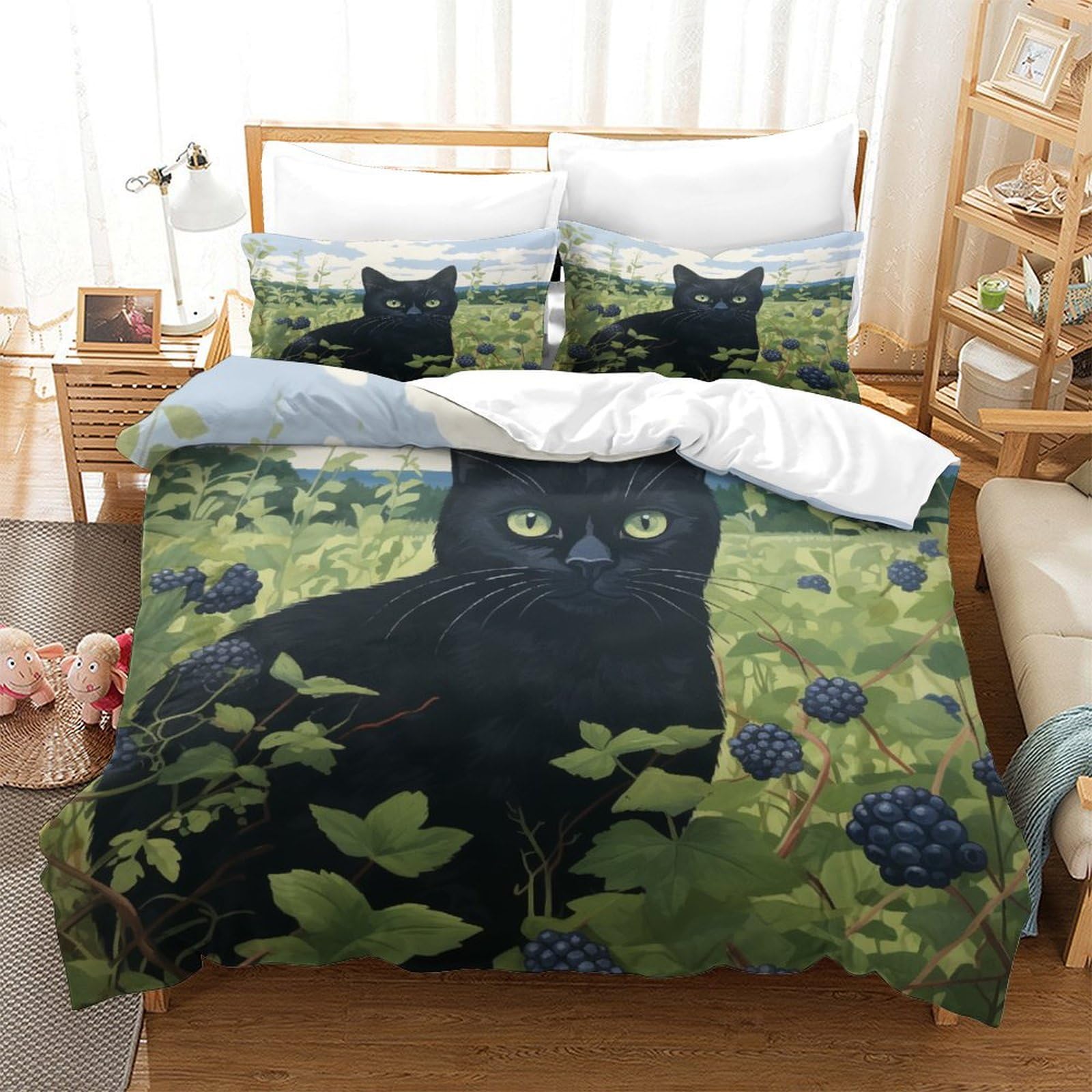 P1S9U7W5Y 3D Printed Black Cat Botanical 3 Piece Duvet Cover Set Microfiber Ultra Soft Bedding Set for Adults Teens Bedroom Decor King（220x240cm）