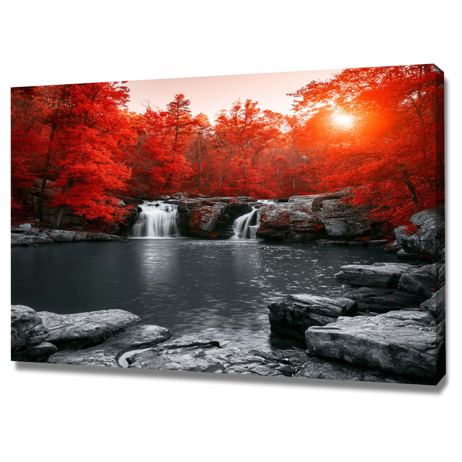 Teruea Women's Red Artwork For Bedroom Office Home Decorations Crimson Woodland, Waterfall & Monochrome Rock Scenery For Girl's Bedroom Living Room Bathroom Gift(Red)-20X30cm1 Framed