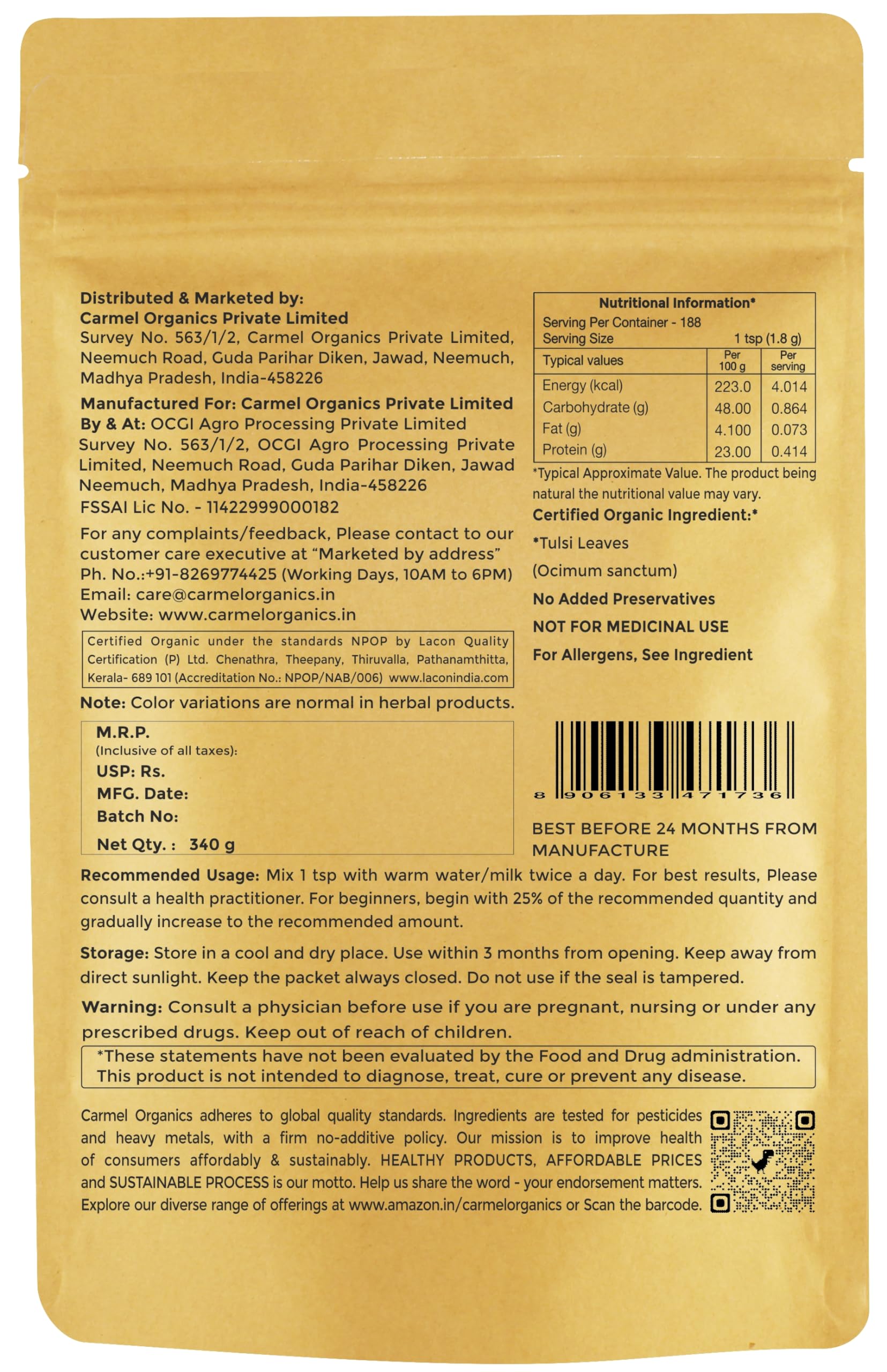 CARMEL ORGANICS Tulsi Leaves Powder (340 Grams)| Jaivik Bharat Certified | Holy Basil Powder For Health, Skin & Hair| Non GMO | No Added Preservative | Thulasi Podi/Tulasi Podi/Tulasi Hudi - Image 2 thumbnail