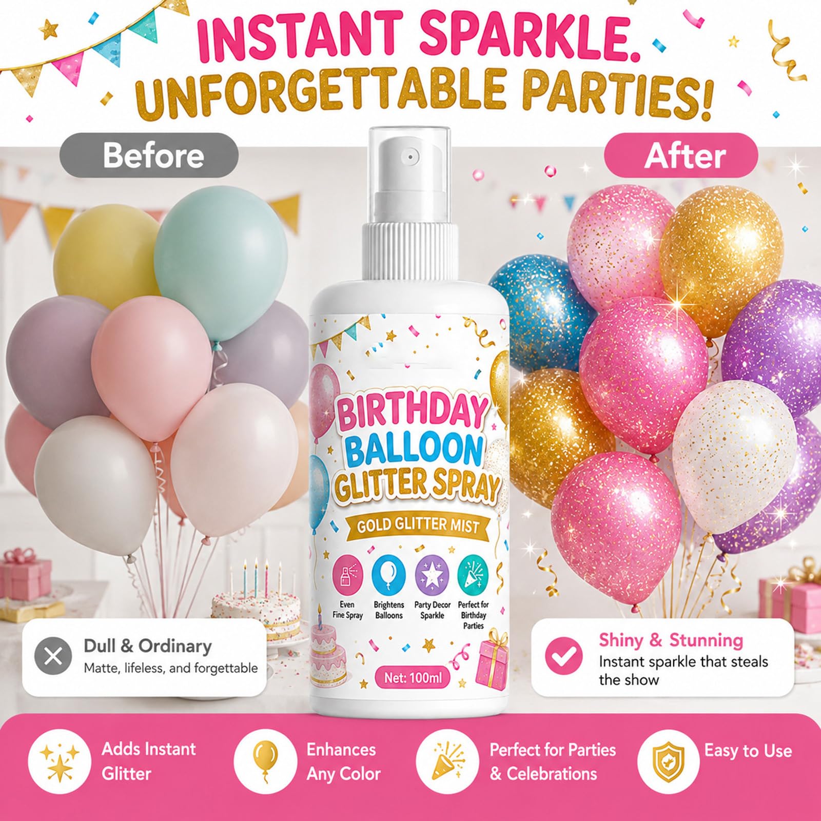 Spray glitter oro per palloncini con polvere scintillante lucida, nebbia scintillante istantanea con brillantini dorati per decorazioni per feste, spray brillante fine per palloncini (6pcs)