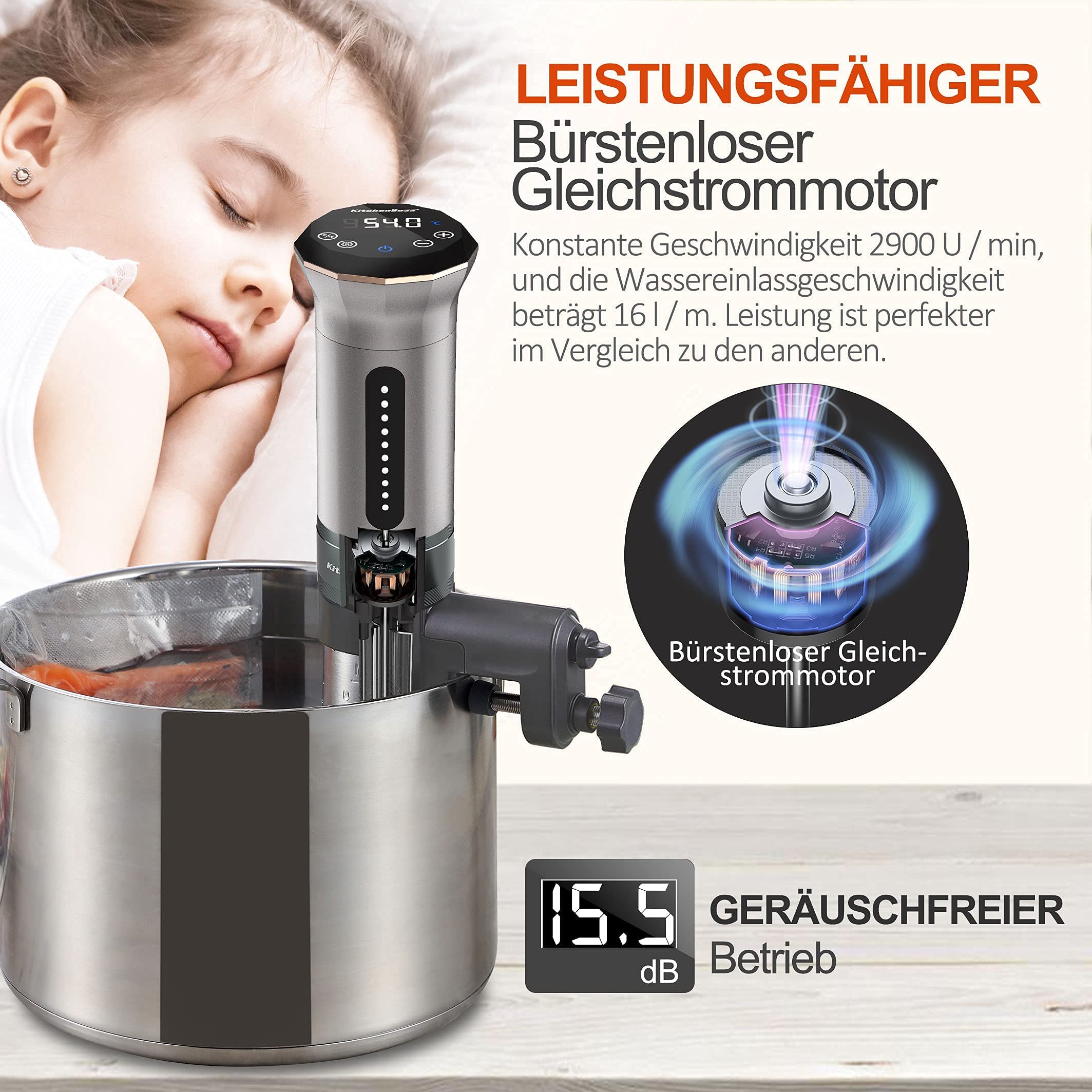 KitchenBoss Sous Vide Garer G300 Stick - Cocina de precisión • Función de temporizador • Circulación 3D • Ajuste preciso de la temperatura • IPX7 resistente al agua • Pantalla táctil LED Immersion