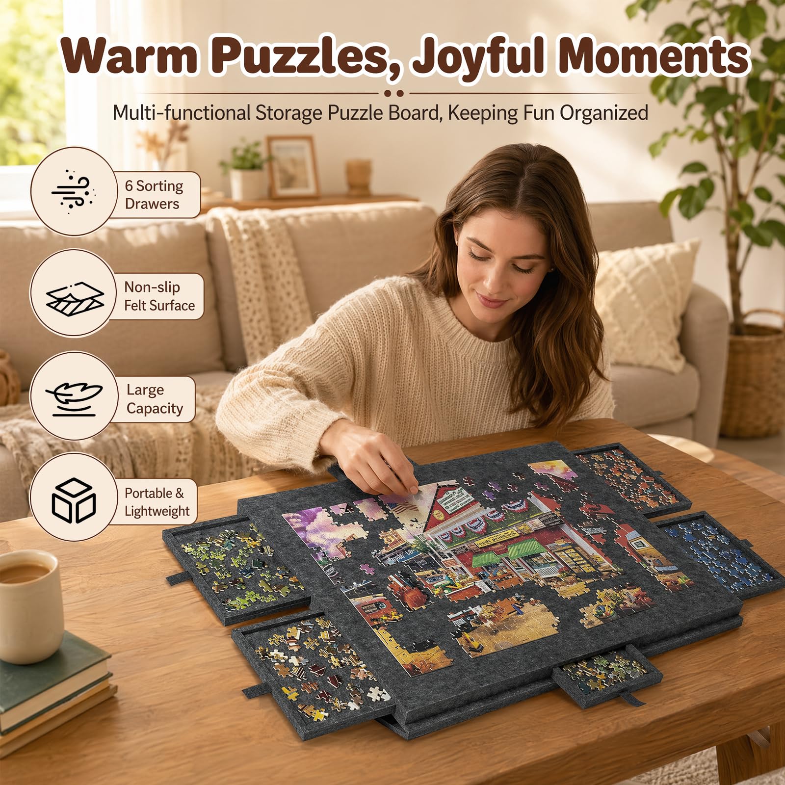 Mesa de rompecabezas de 1000 piezas, tablero de rompecabezas portátil con 6 cajones y cubierta, tablero de puzle de fieltro ligero, mesa de rompecabezas de 1000 piezas, accesorios para puzles para