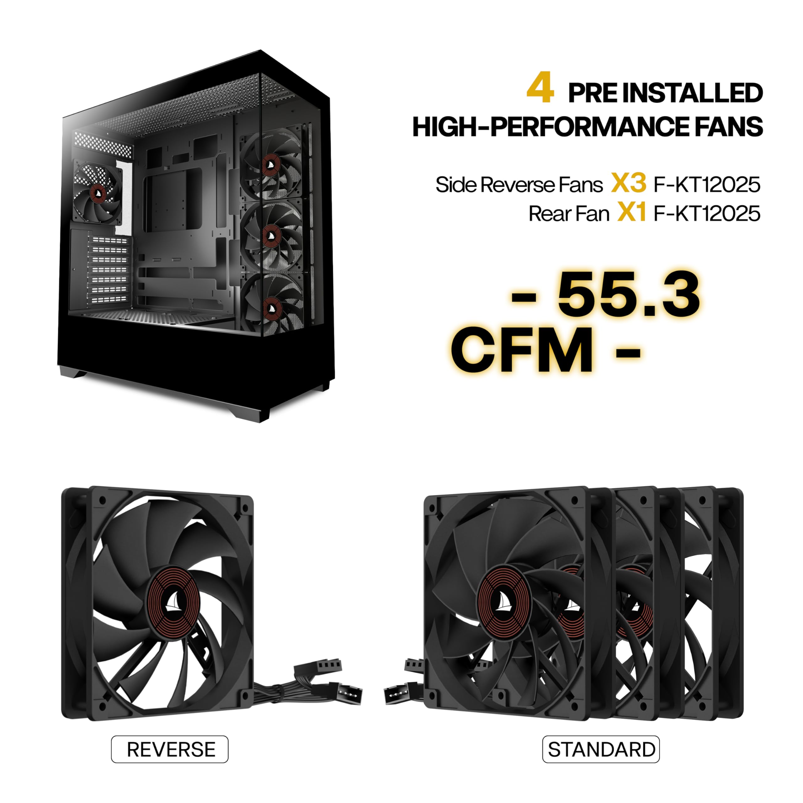 PC CASE ATX 4 Ventole preinstallate, Type-C Mid Tower case per computer con doppia vista in vetro temperato full-view, custodia per PC da gioco, nero, P4