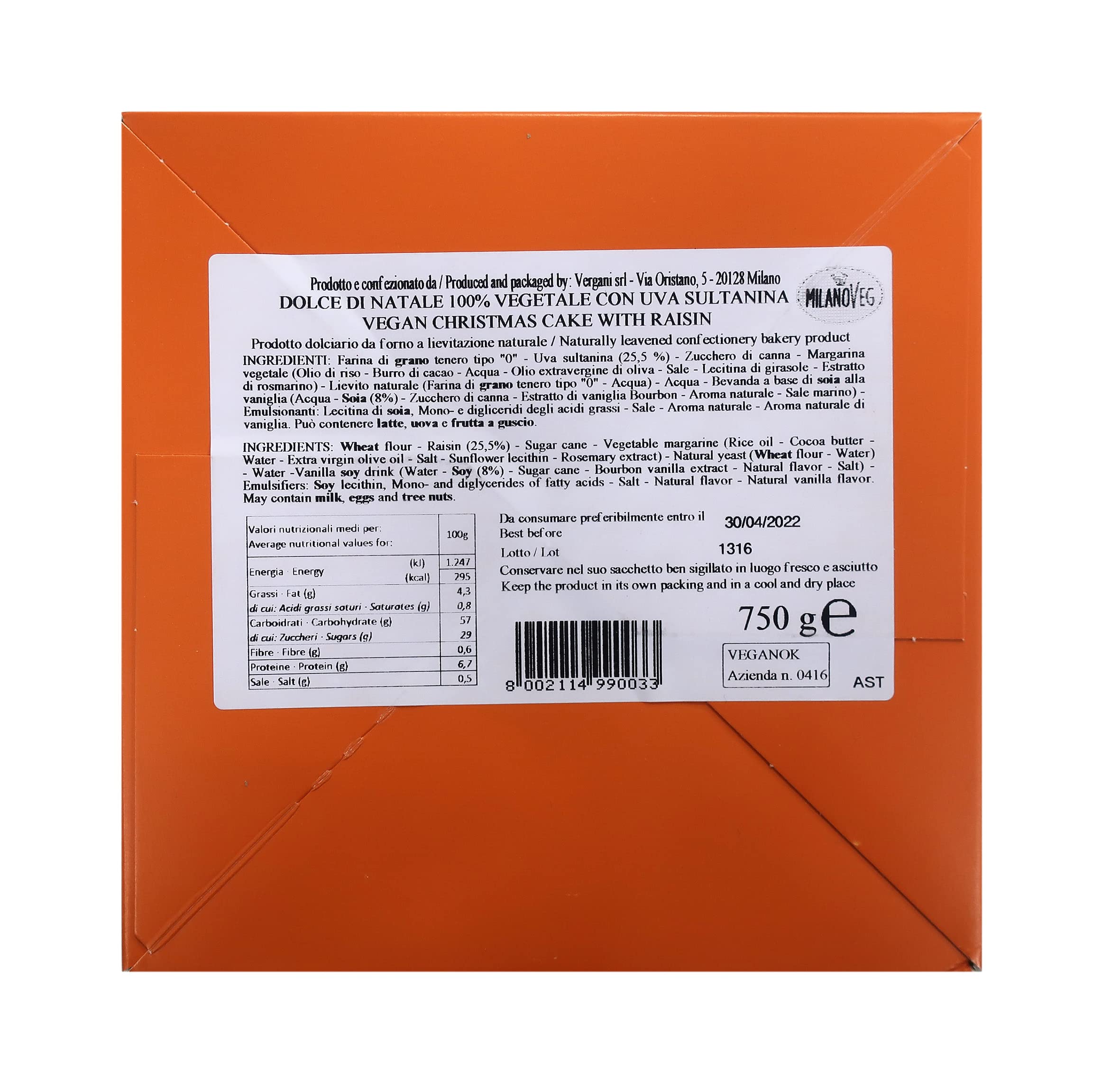 Dolce di Natale Vegano 100% vegetale Senza canditi e con uvetta, MilanoVeg - 750g