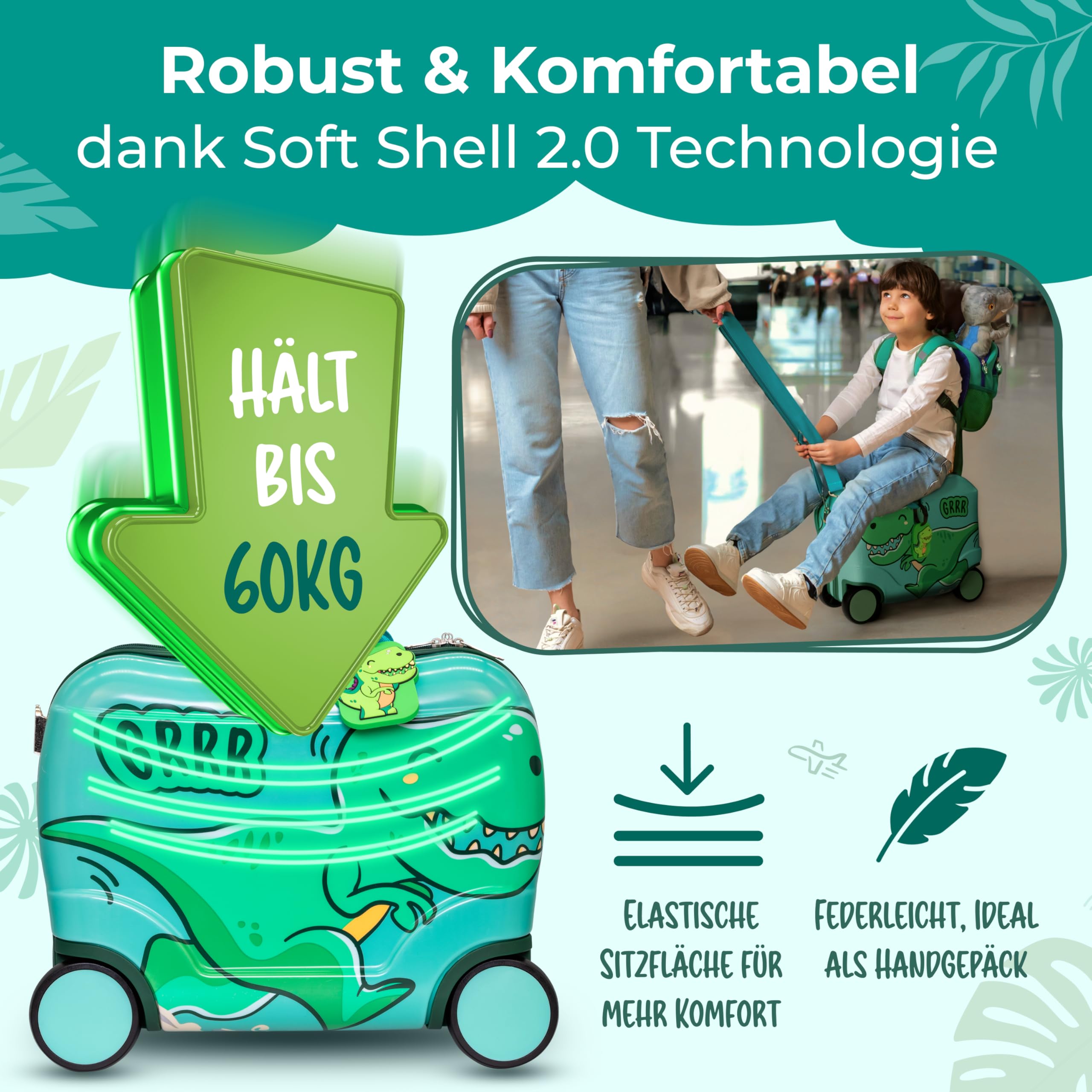 Kinderkoffer zum Draufsitzen als Kinderkoffer Handgepäck & Ersatz für Kindertrolley Jungen - Kinder Reisekoffer für Jungen - Kindergepäck mit Rollen