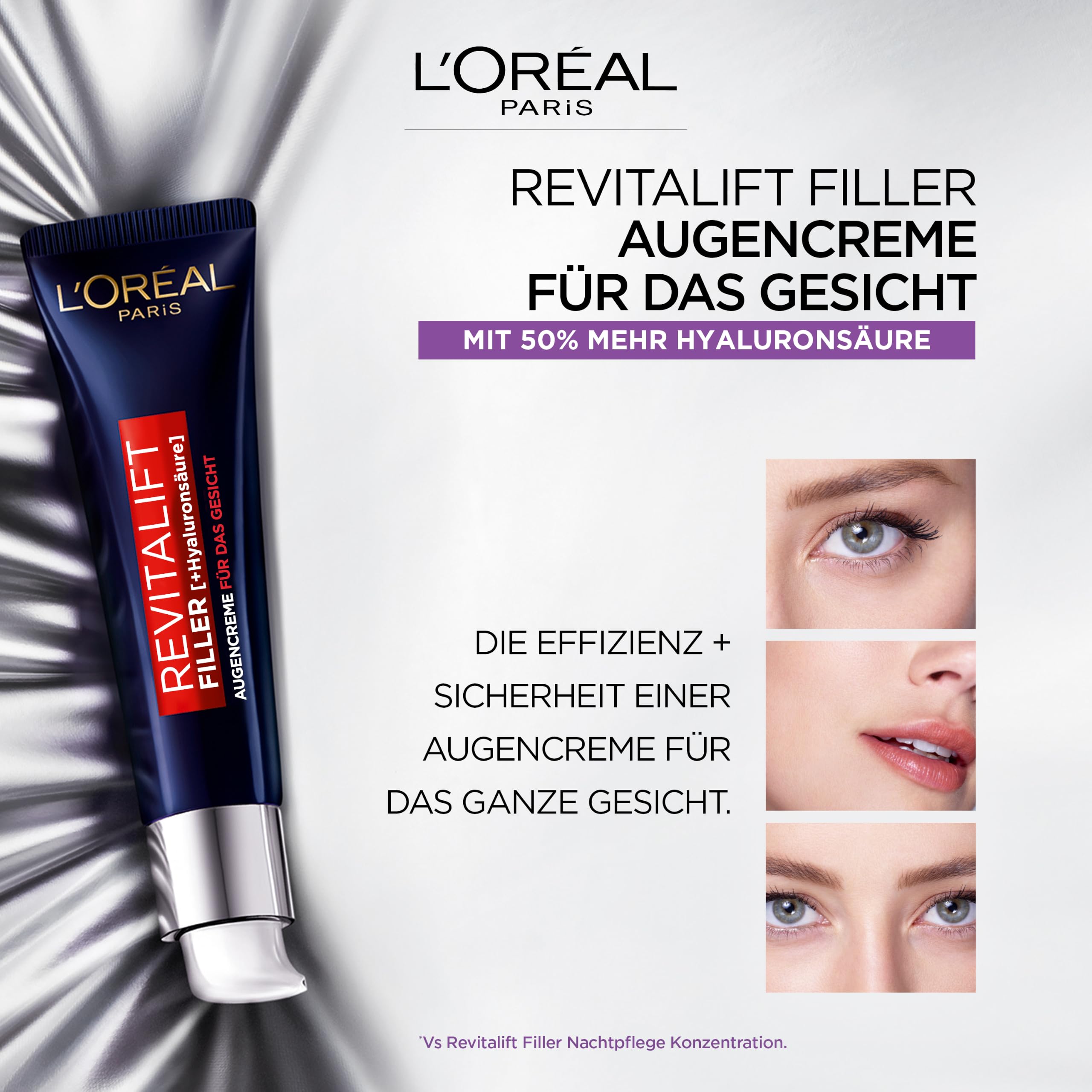 L'Oréal Paris Augencreme für Frauen: poltert auf, glättet die Haut und spendet intensiv Feuchtigkeitmit konzentrierter [Hyaluronsäure]Revitalift Filler, 1x 30ml