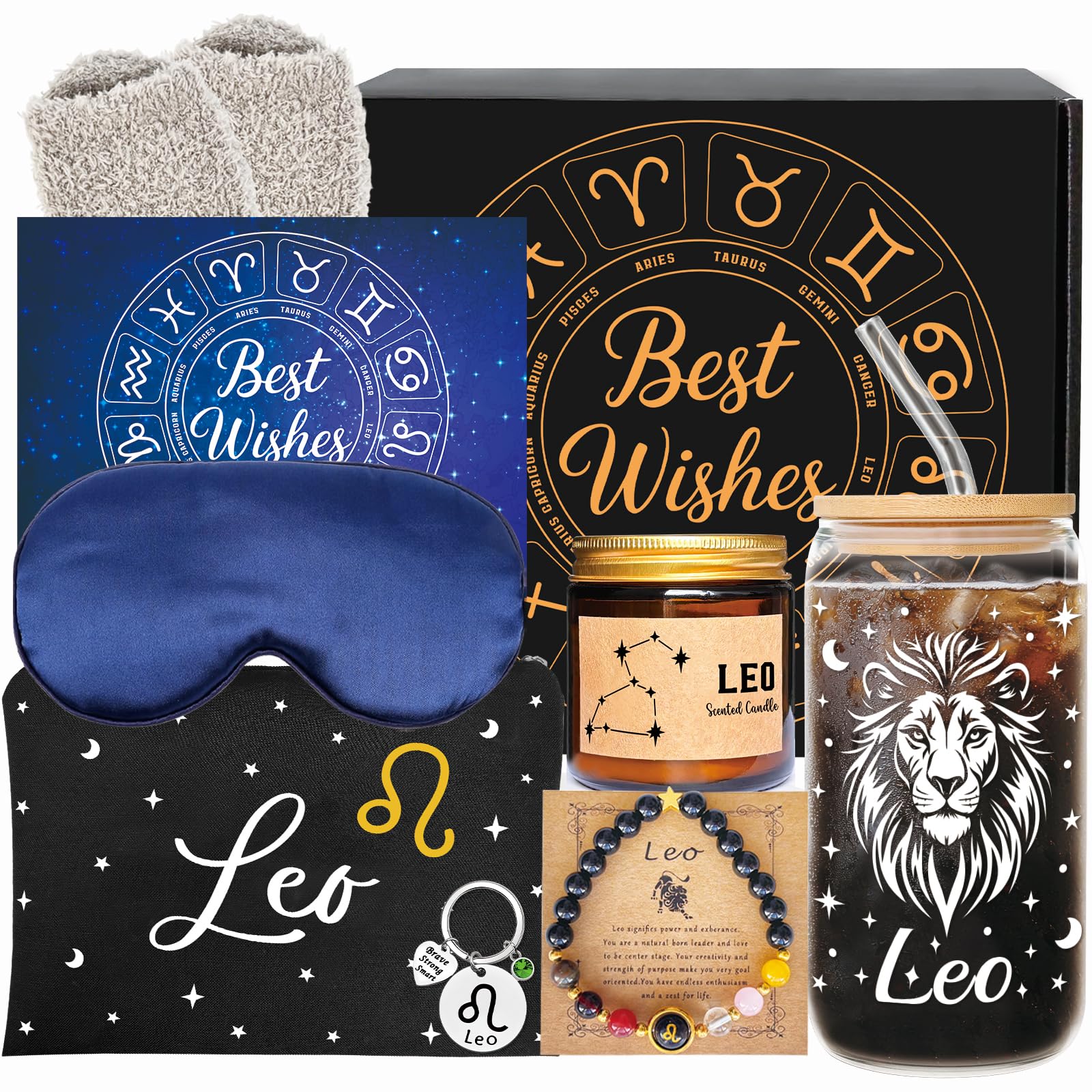 Leo - Regalos de cumpleaños para mujer, juego de taza de cristal del zodiaco para ella, cesta de astrología para mamá y hermana, caja de constelación para amiga, cesta de agradecimiento para jefe