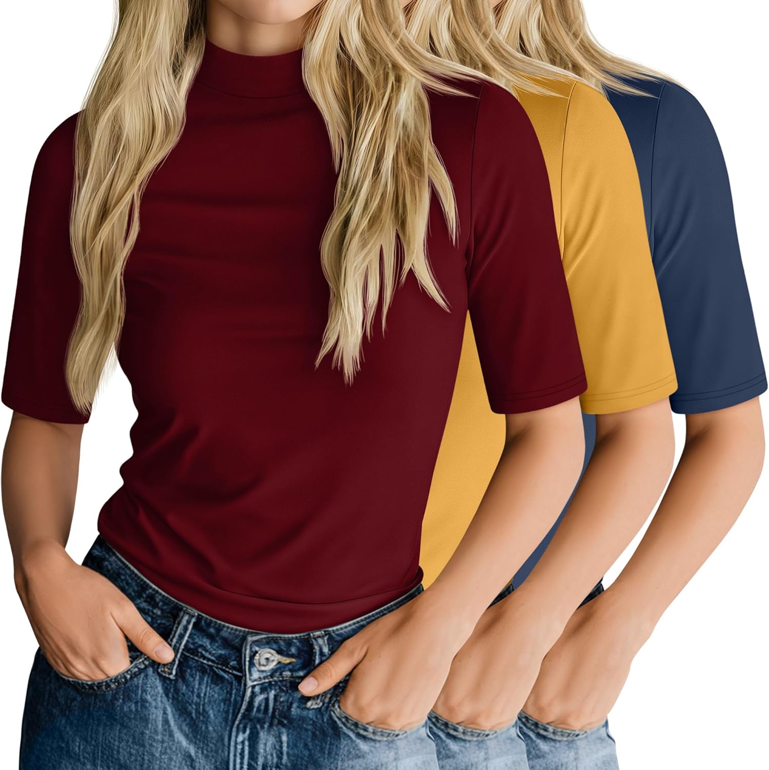 Ficerd 3 Pack Women's 1/2 Sleeve Mock Turtleneck Shirts, Elbow Length Shirt Half Sleeve Tunic Top Casual Summer Basic Tees