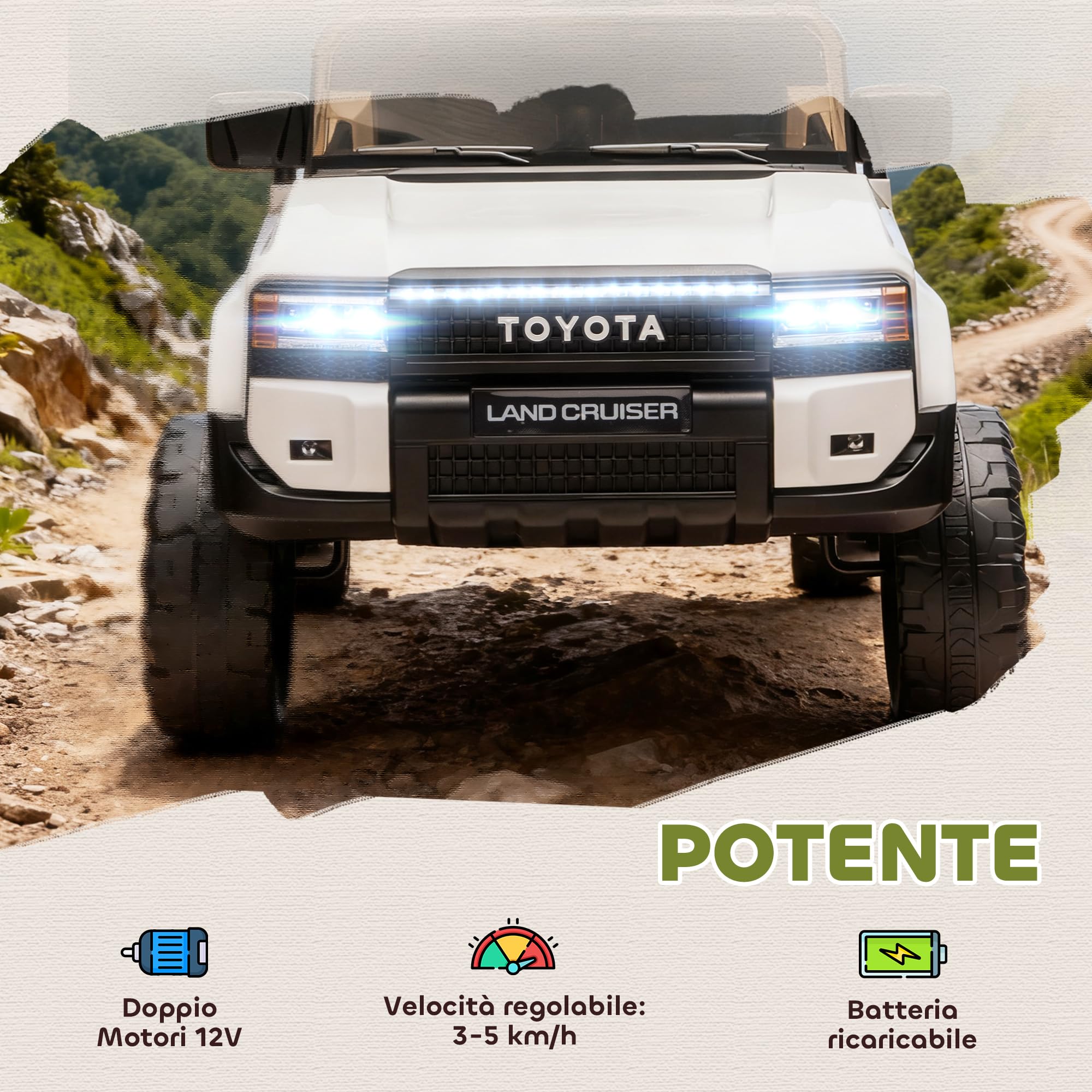 AIYAPLAY TOYOTA Land Cruiser Macchina Elettrica per Bambini 3-8 Anni, 12V 3-5 km/h Auto Elettrica Bambini con 2 Motori, Sospensioni, Telecomando, Cintura 3 Punti, Bluetooth, USB, Musica, Fari, Bianco