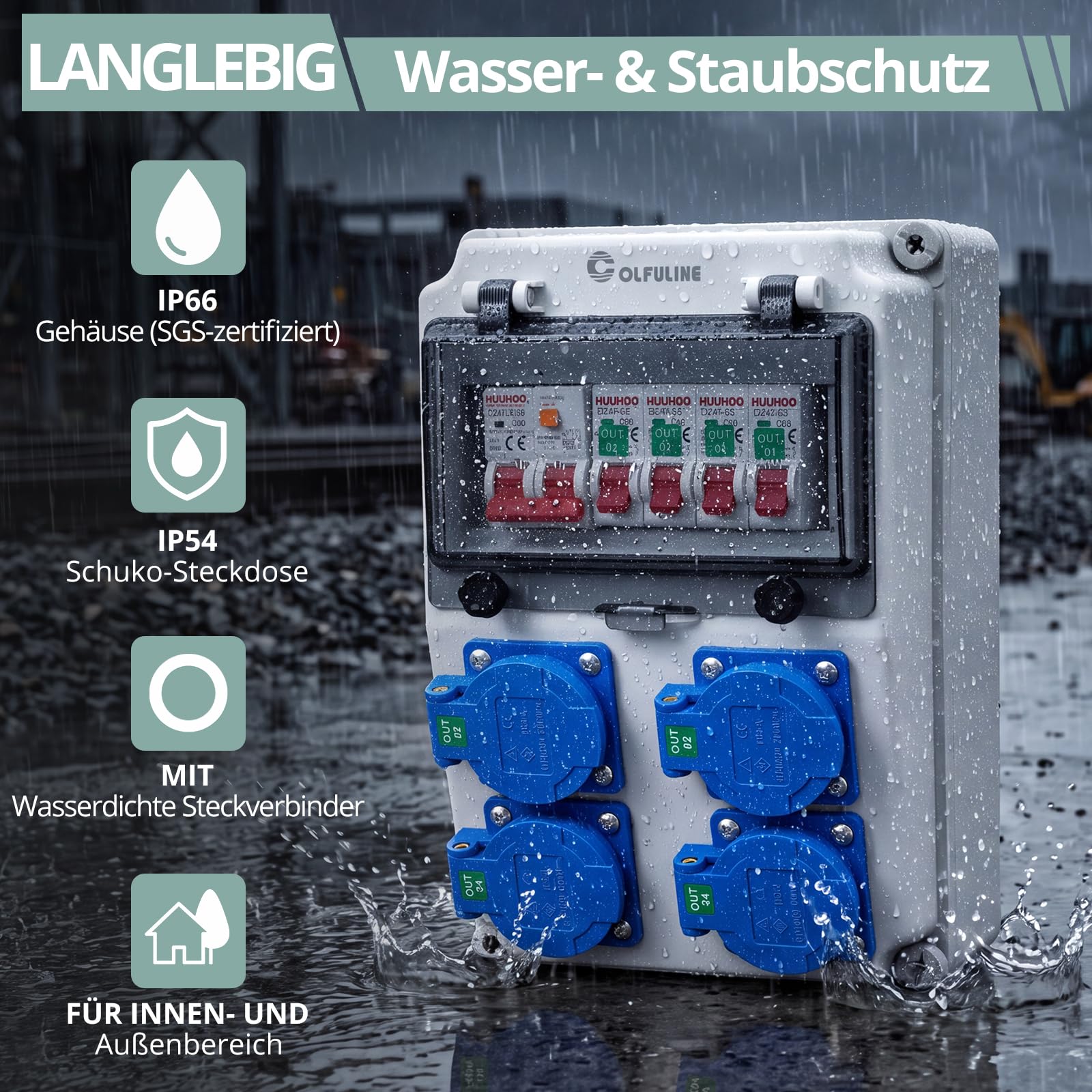 COLFULINE Baustromverteiler mit LS/FI, Vorverdrahtet & Wasserdicht IP66 | Stromverteiler 4x 230V Schuko-Steckdosen 16A, Verdrahtungshinweis, Flammhemmende ABS, für Werkstatt Baustelle Innen & Außen