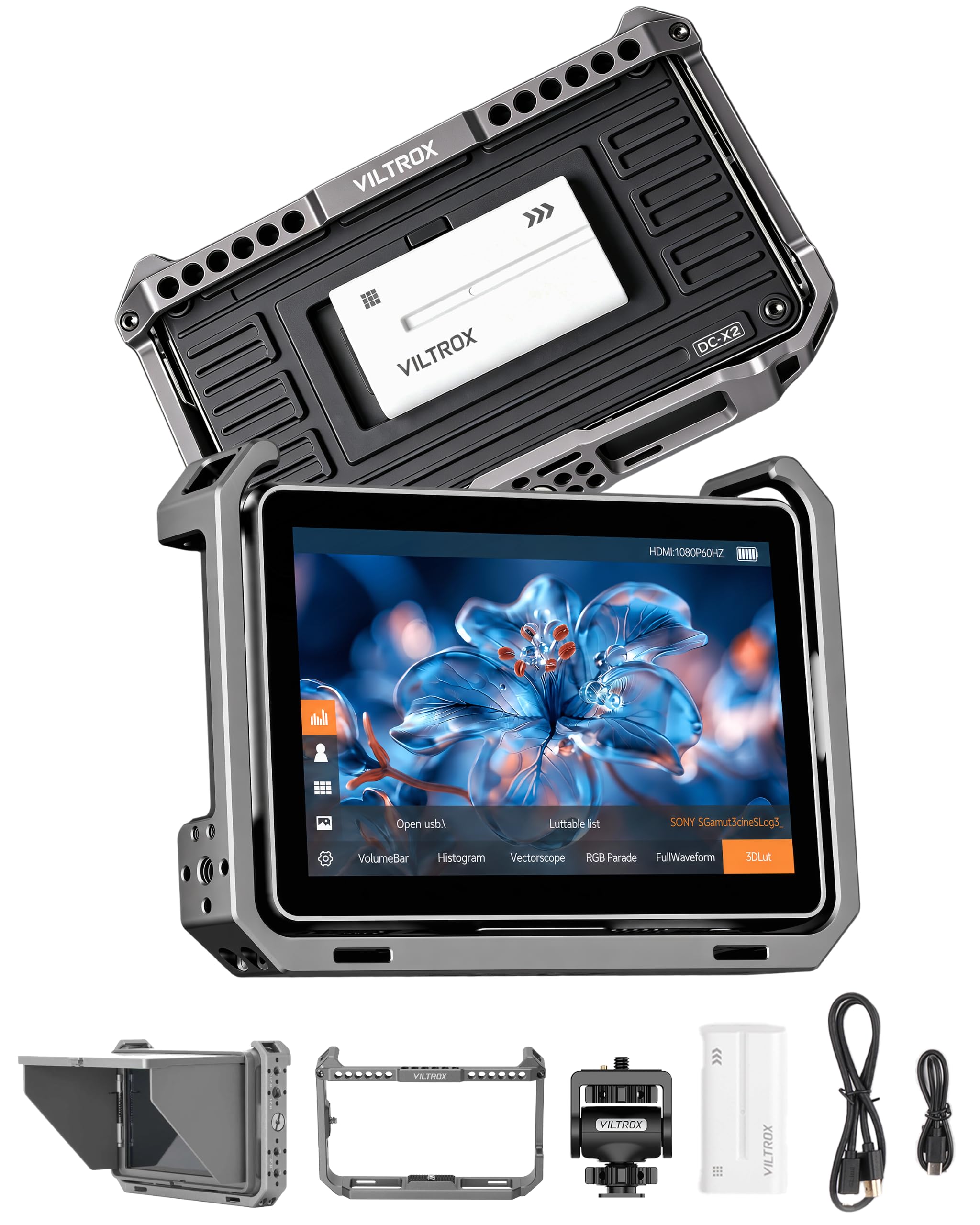 Camera Field Monitor with Rig Cage 4K 2000Nits 6 Inch Touchscreen VILTROX Camera Monitor, Full HD 1920x1080 Video Monitoring, 3D Lut, RGB Parade with Sunshade Hood and Battery for Sony Canon Nikon