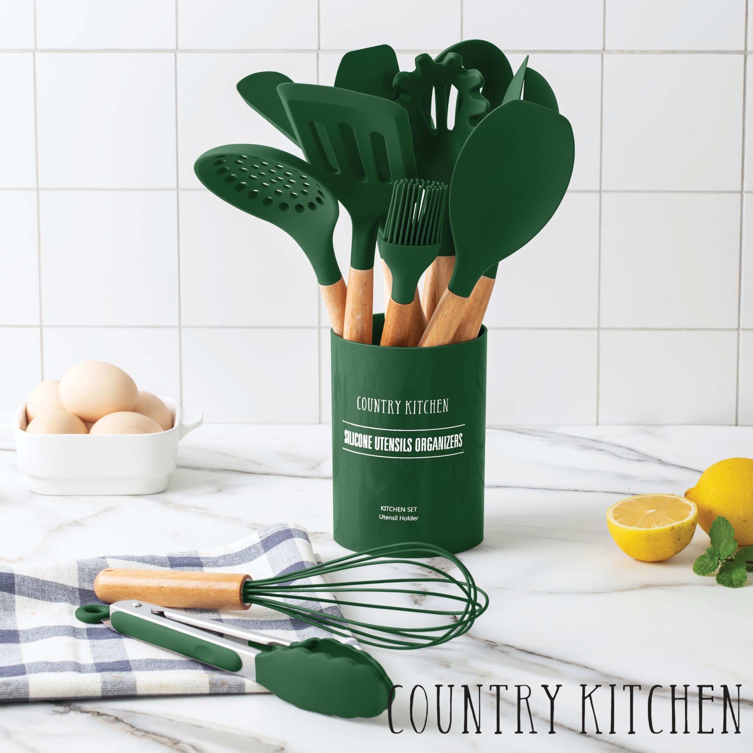 Country Kitchen Antihaft-Silikon-Utensilien-Set mit abgerundeten Holzgriffen zum Kochen und Backen, 14-teiliges Set, Grün