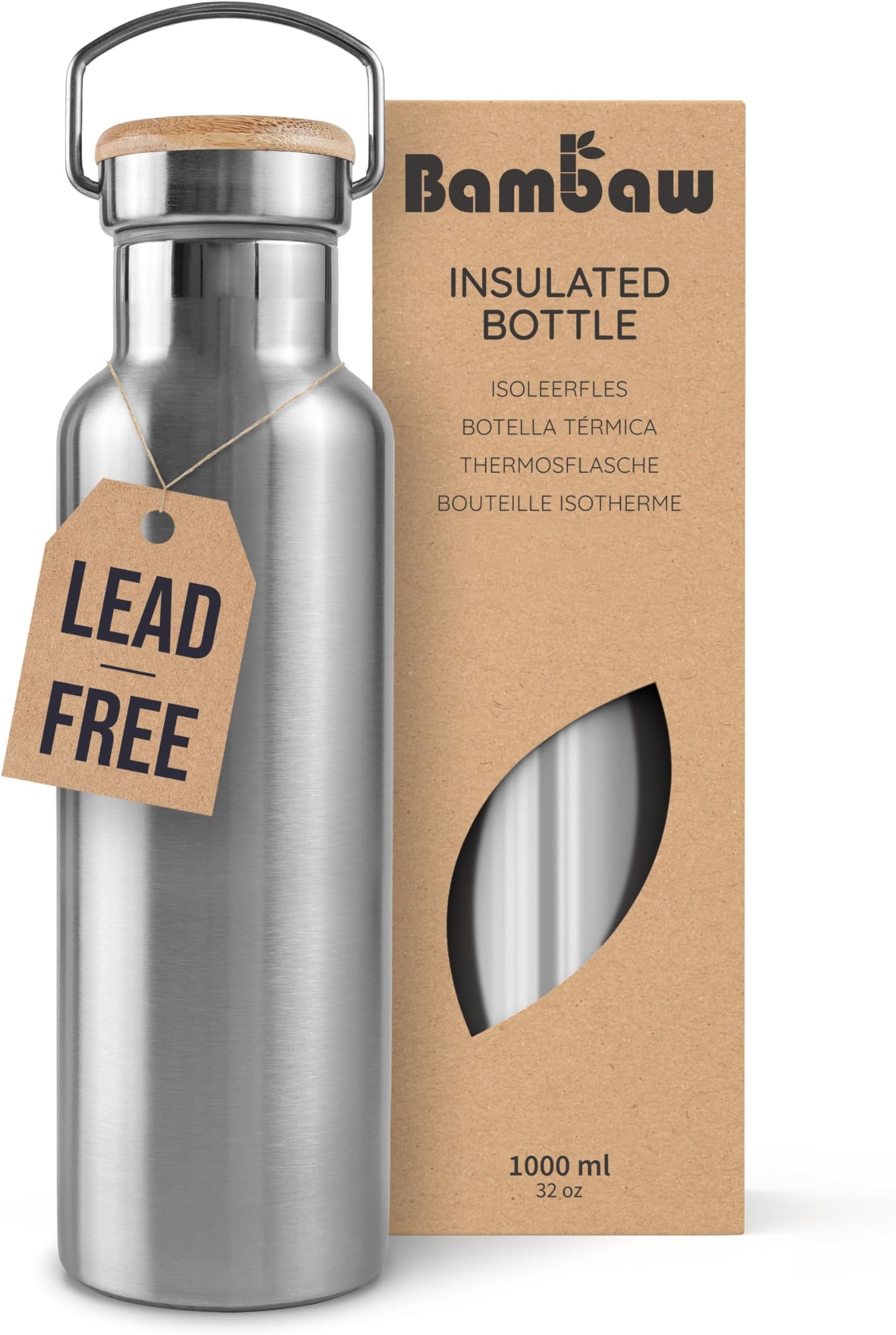 Bambaw Insulated Stainless Steel Water Bottle 1l for Hot & Cold Drinks, 1ltr Insulated Water Bottle Metal, Wide Mouth Fits Tea Infuser, Lightweight & Easy to Carry for School or Gym (Natural Steel)