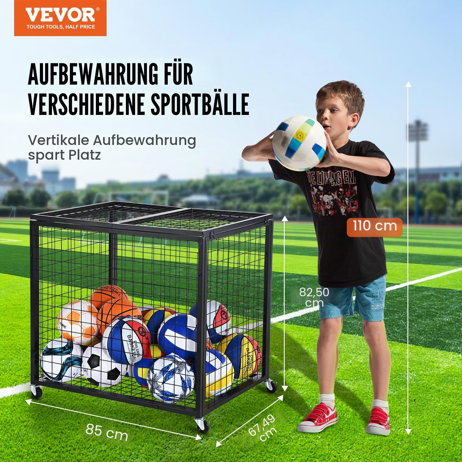 VEVOR Ballwagen Rollwagen 850 x 675 x 825 mm Sportbällen, Abschließbarer Basketballkäfig Ballkäfig, Sportausrüstung für den Innen- und Außenbereich, Rollbar Aufbewahrungswagen aus Stahl für Garagen