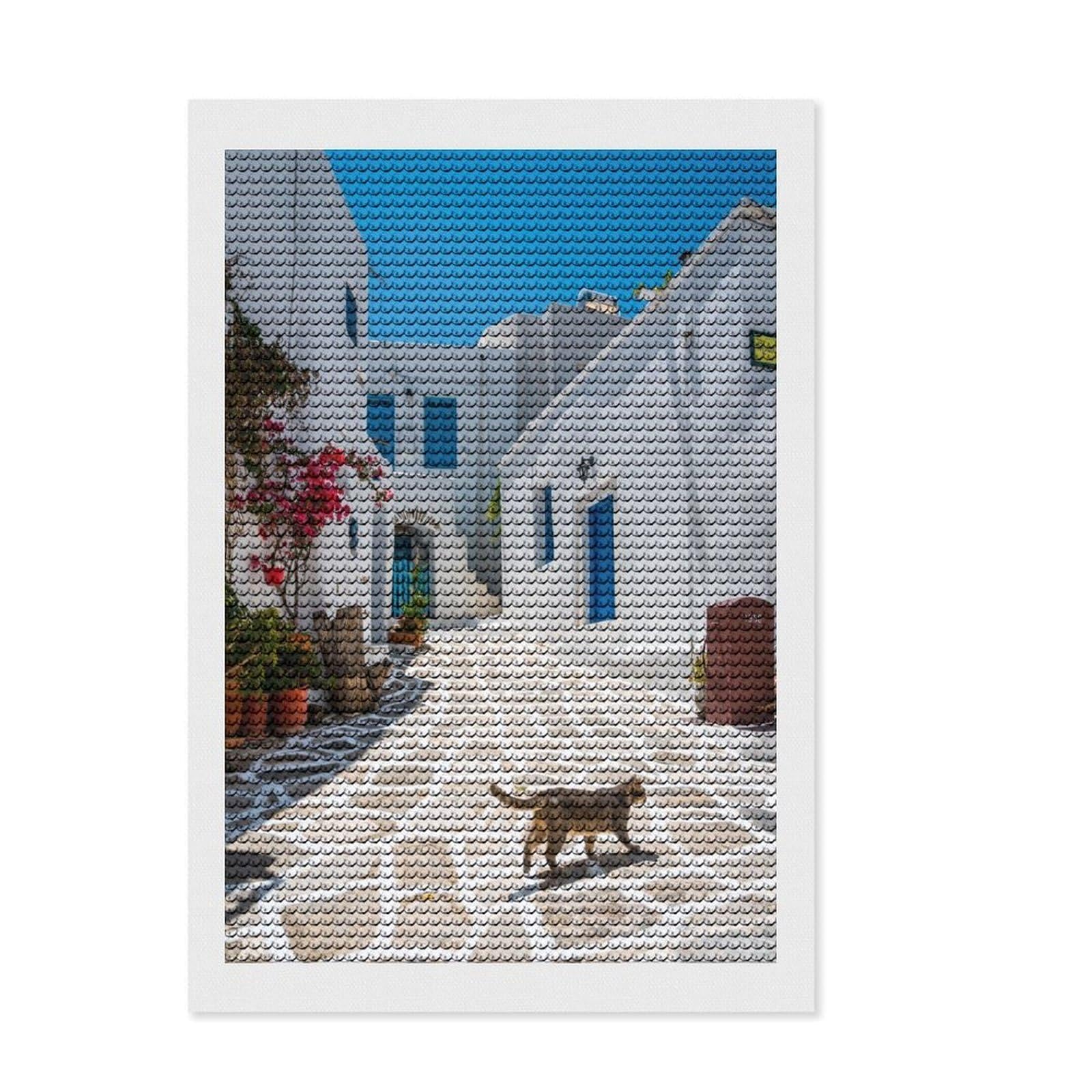 Junmoney Cat in A Greek Town Paros Round Drill Diamond Painting 8"x12", for Women, Complete Accessories, Festive Craft Gift, Vintage Style Decor