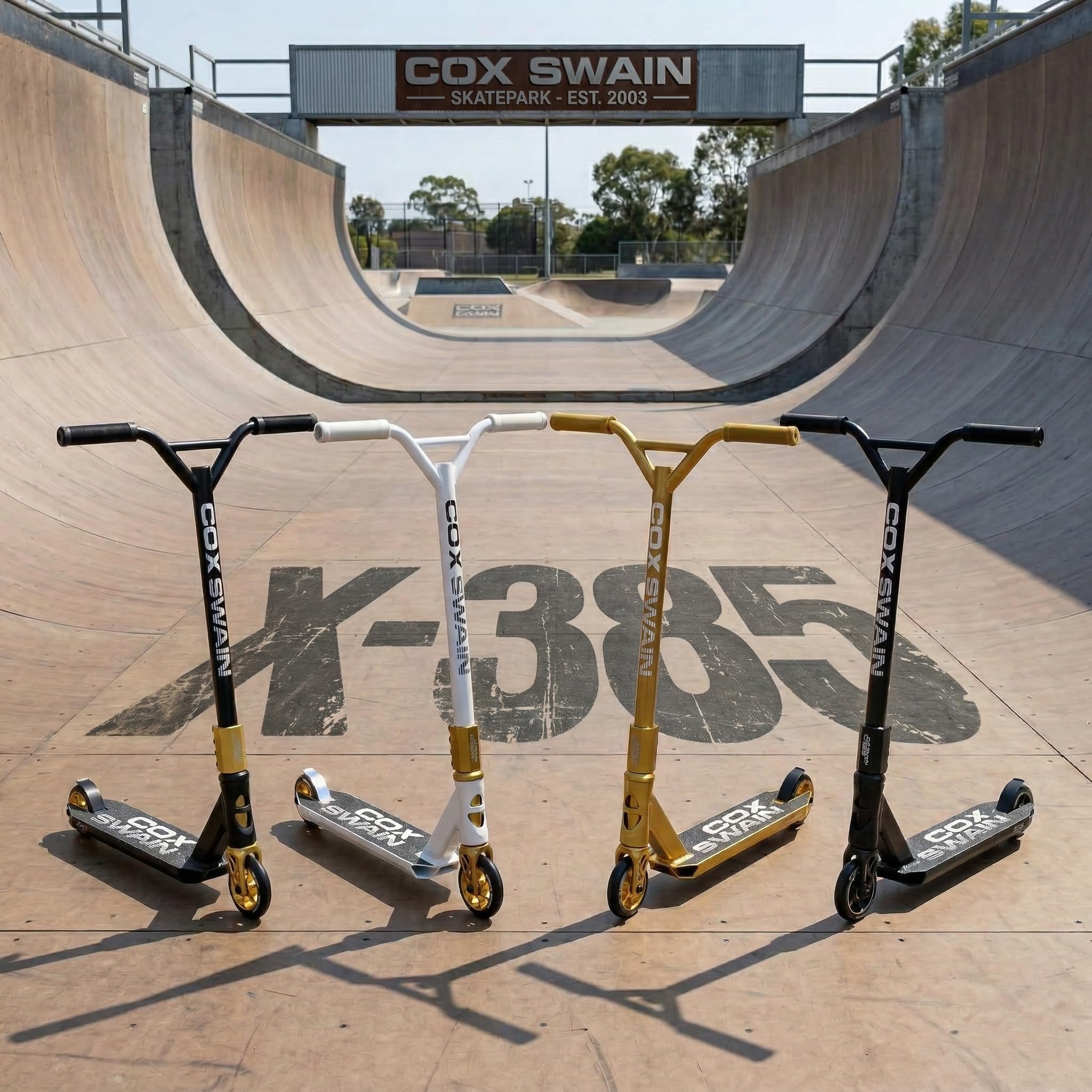 Cox Swain X-385 Stunt Scooter Kinder ab 10 Jahre – Stunt Roller mit SCS Compression, CNC-gefräster Alu Gabel aus einem Stück, ABEC 9 Alu Core Rollen & 360° Y-Lenker für Skatepark & Pipe