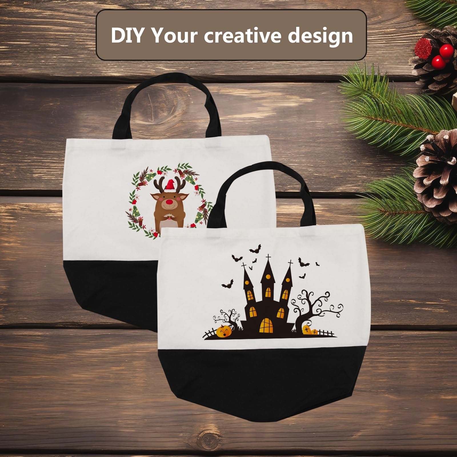OKBA Bolsa grande de lona de algodón, bolsa de tela reutilizable para compras, elegante bolsa de manualidades de dos colores, negro y blanco