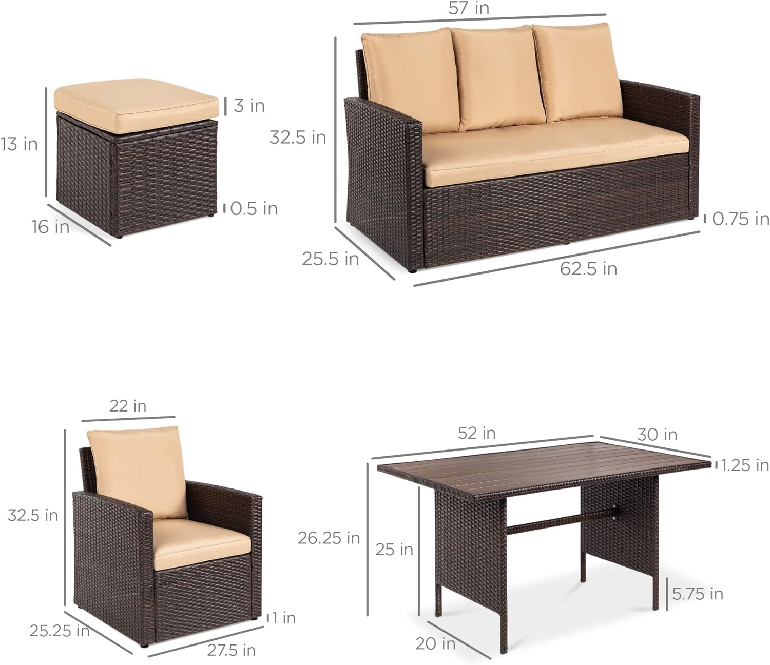 Diagram showing detailed dimensions of the sofa, chair, stool, and dining table components of the patio set.