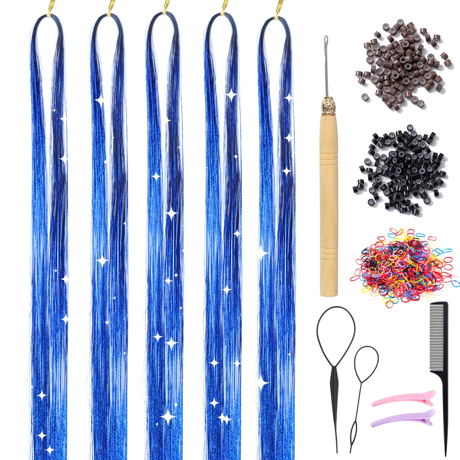 Blue Hair Tinsel Kit with Tools 47 Inch 1100 Strands Tinsel Hair Extensions Fairy Hair Tinsel Kit, Sparkling Shinny Glitter Tensile Hair Extensions for Women Girls Hair Accessories (Sapphire Blue)
