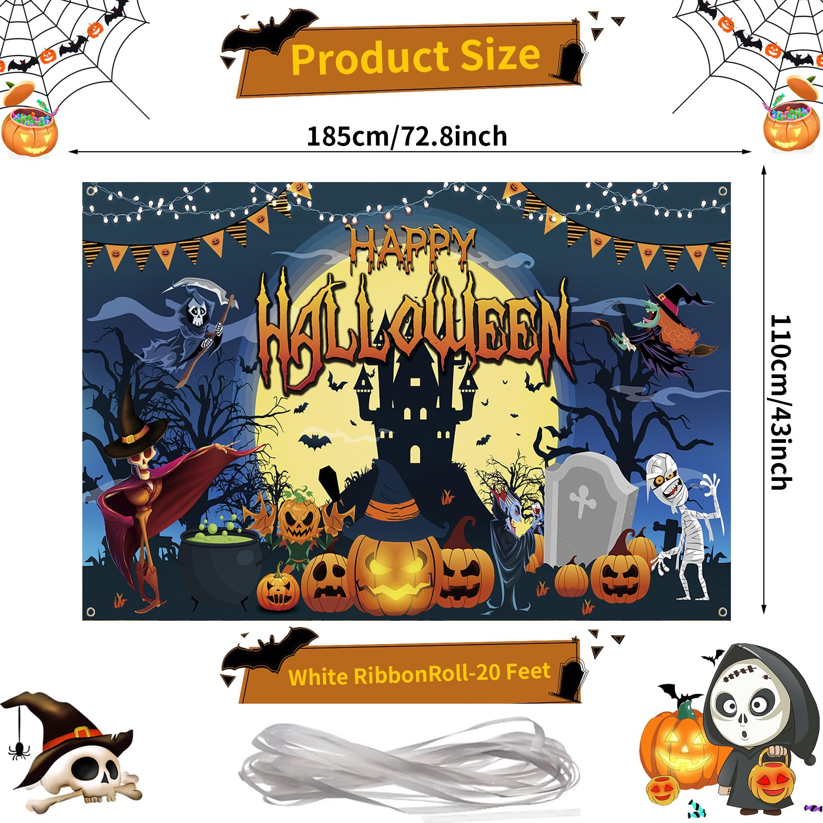 Happy Halloween Banner - Large Navy Blue Fabric Backdrop - 72.8x43 Inch Scary Party Decor With Pumpkins, Bats, Castle - View #2