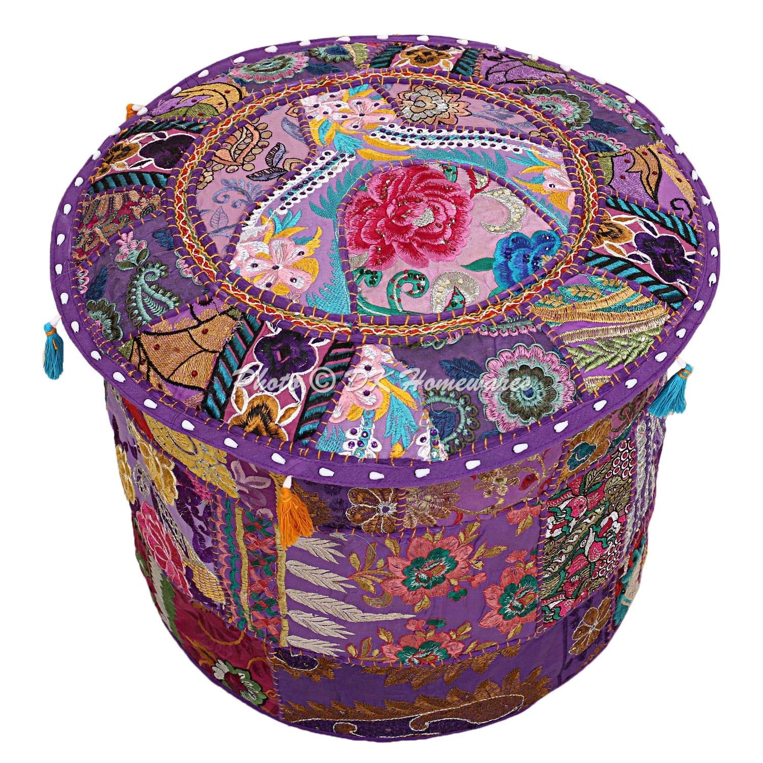 DK Homewares Indian Vintage Patchwork Pouf Ottoman Cover Purple Round Bean Bag Living Room Cotton Embroidered Pouffe Foot Rest Floral Traditional 16x16x13 - COVER ONLY