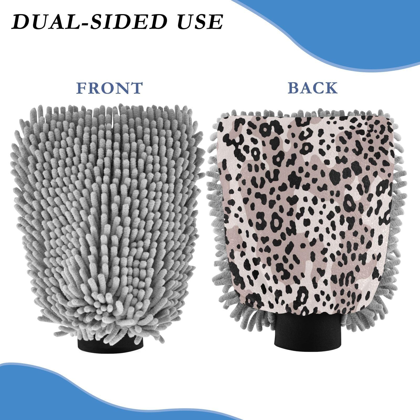 Flradish 2 Pack Fashionable Leopard Print Car Wash Mitt Chenille Microfiber Lint-Free Scratch Free Ultra-Soft Absorbent Car Wash Mitt 10.2x7.09 Inch