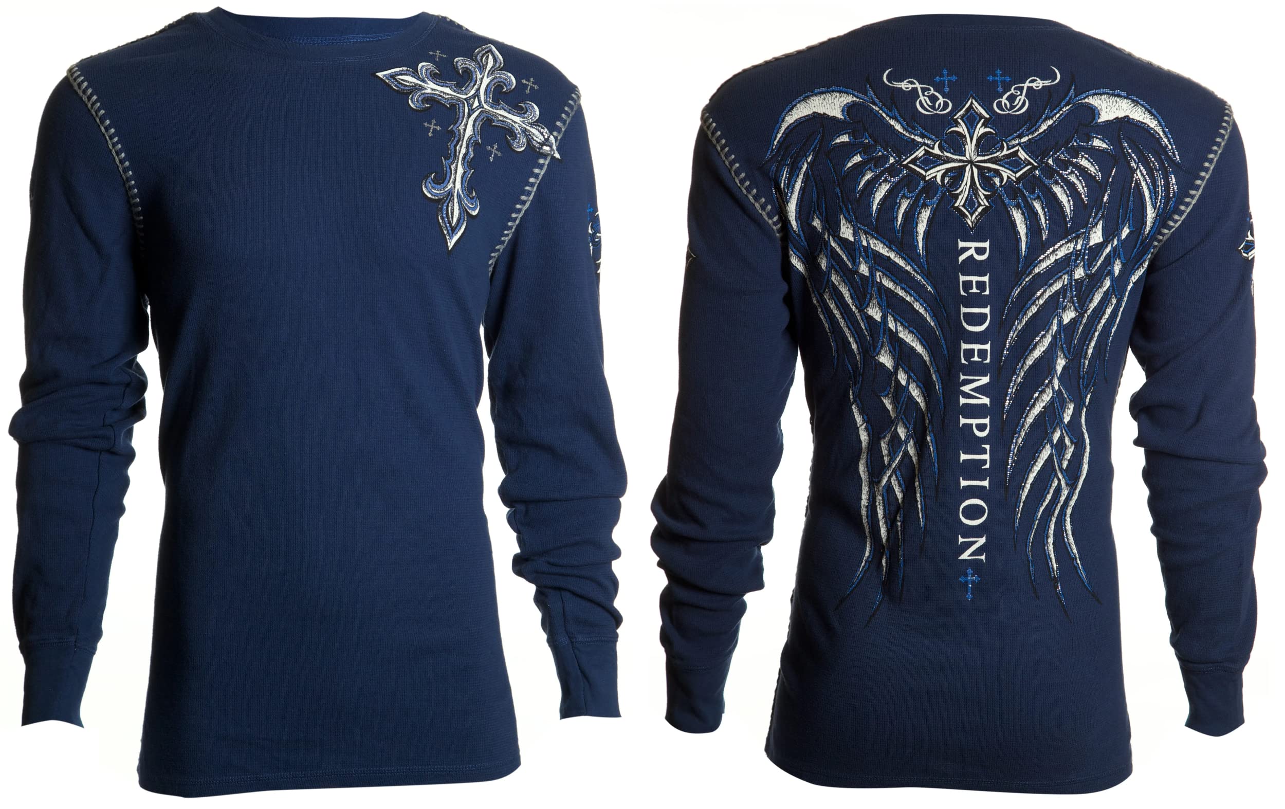 Archaic by Affliction Men's Thermal Shirt Spine Wings Navy