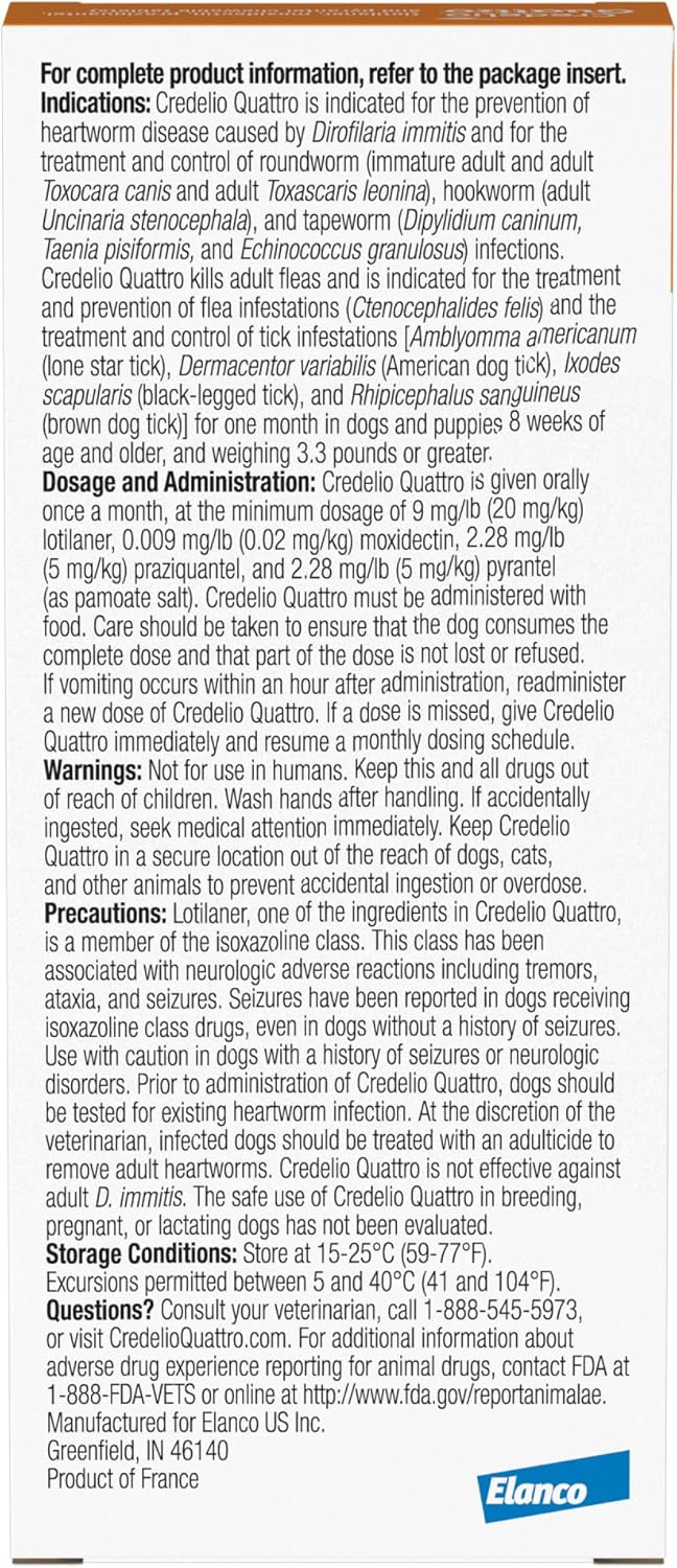 Credelio Quattro Dog Flea & Tick Treatment + Heartworm & Parasite Protection, 12.1-25 lbs (1 Chewable Tablet)