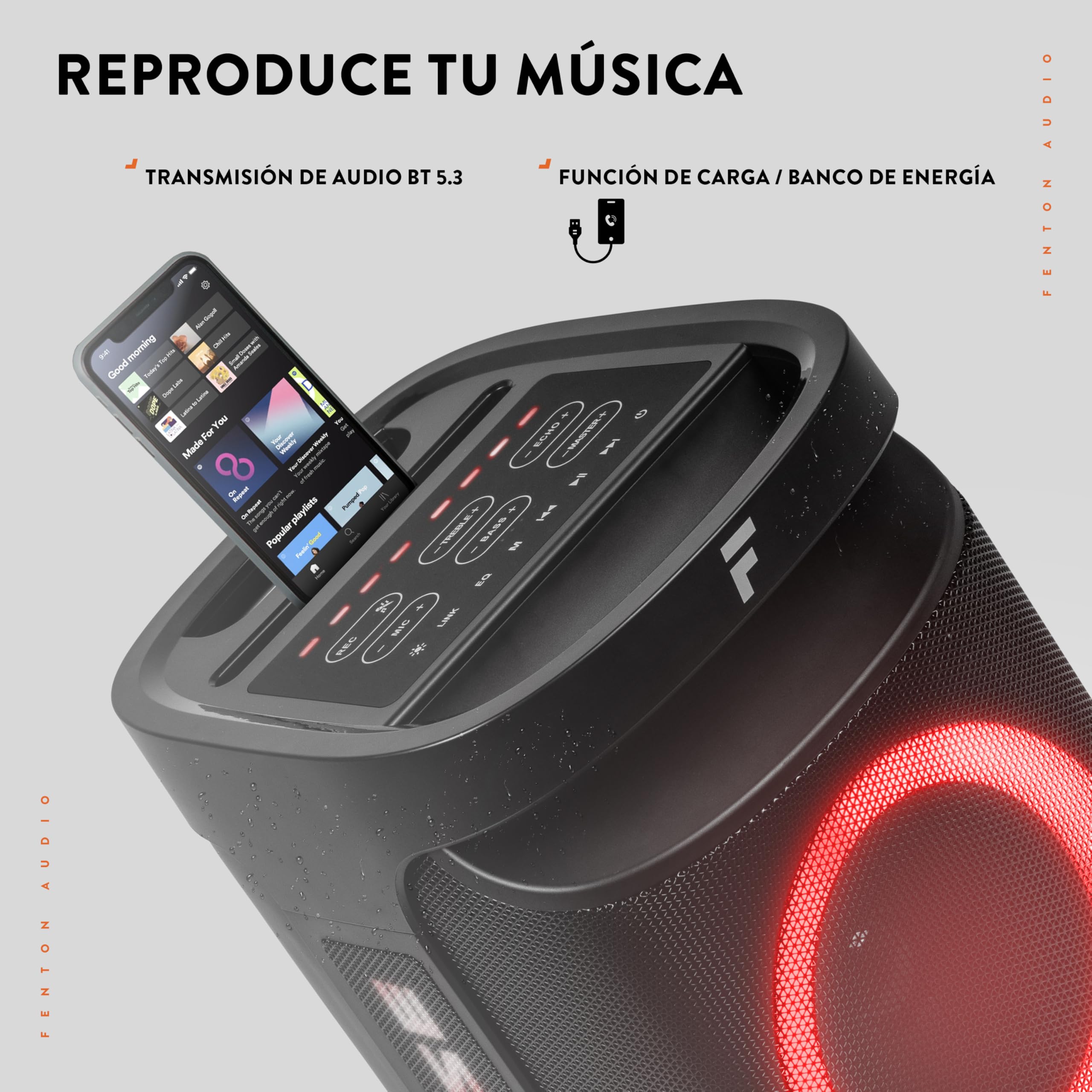 Fenton Pulse65 – Altavoz Bluetooth portátil 140W con microfono inalámbrico, batería 12h, IPX4, USB, microSD, Altavoz portatil Potente Exterior Karaoke Machine Speakers con LED, Color Negro