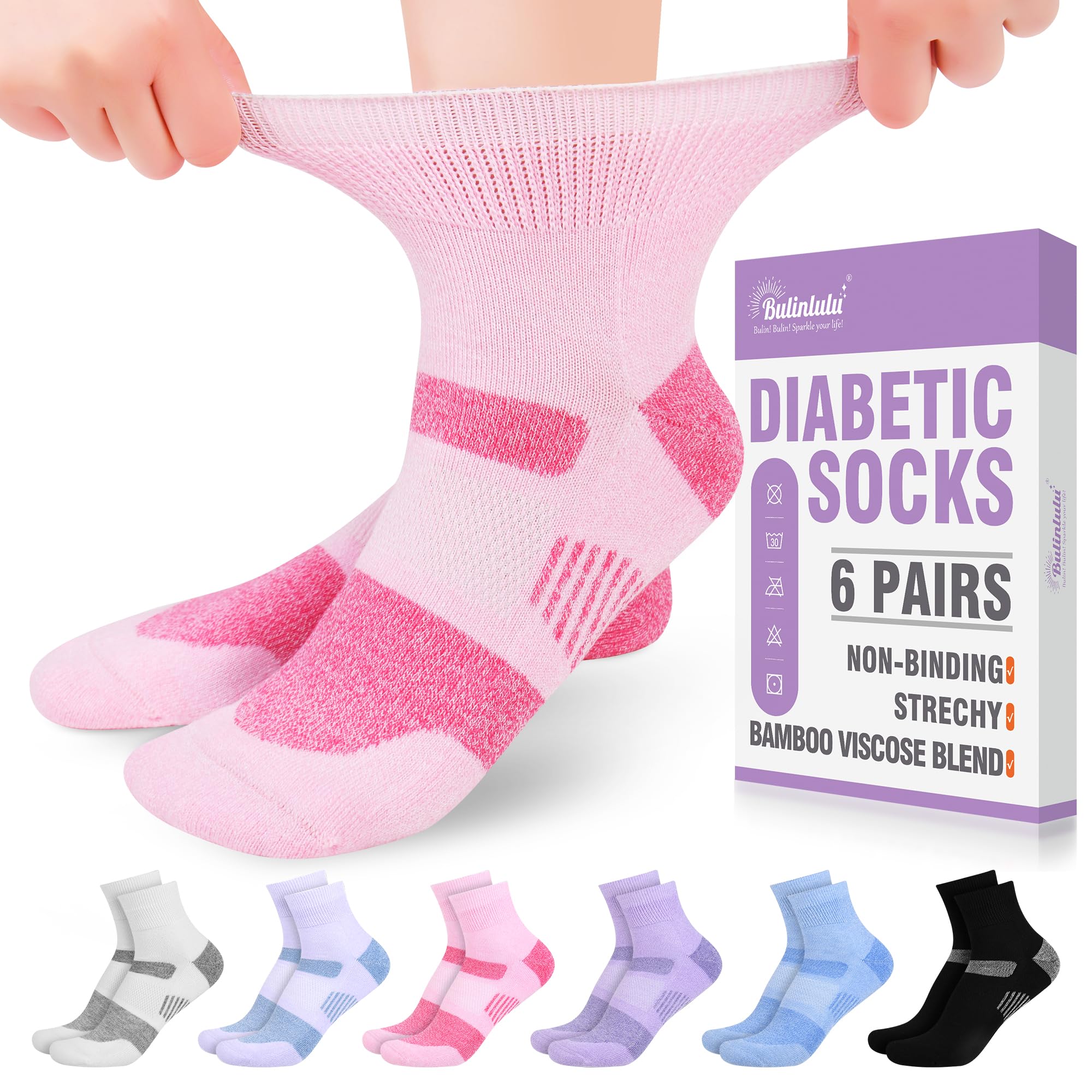 Bulinlulu Diabetic Ankle Socks for Women size 9-11 Bamboo Viscose 6 Pairs Non Binding Diabetic Wide Socks for