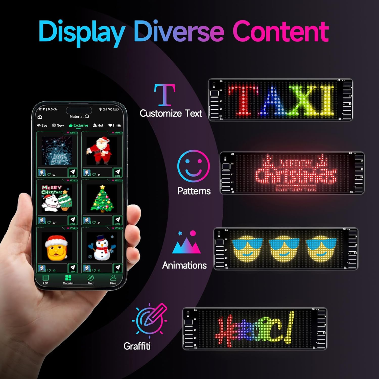 LED Light Signs for Car, 13''x 3'' Flexible LED Matrix Panel, Bluetooth App Control DIY Programmable Scrolling Sign for Car Taxi Store Hotel