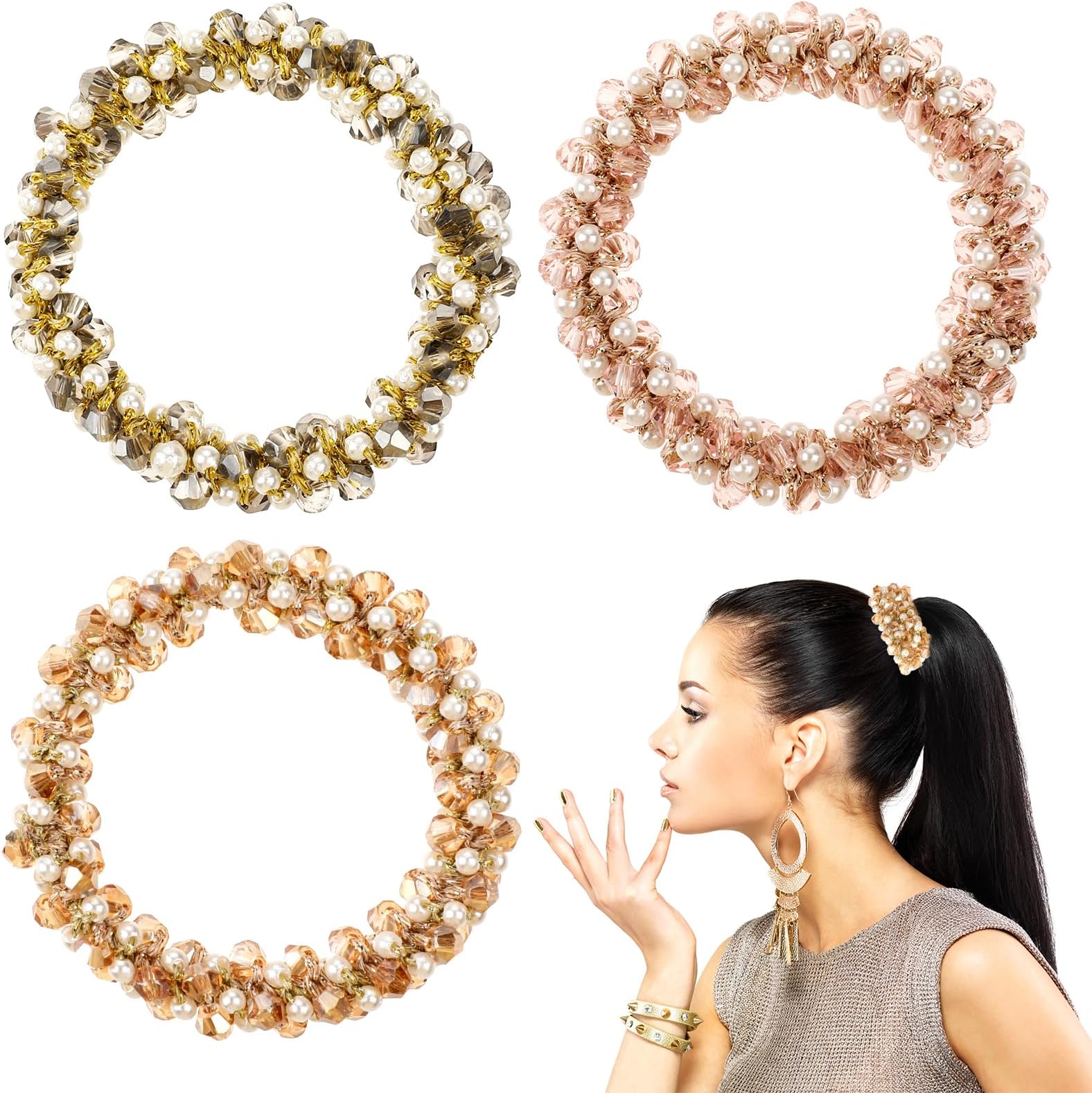 Qianyu3Pcs Pearl Stretchy Hair Ties Elastic Decorative Ponytail Hair Bands Set Rhinestone Hair Scrunchies Holder Hair Ropes Beaded Fancy Hair Accessories for Women Girls Wedding Party Holiday