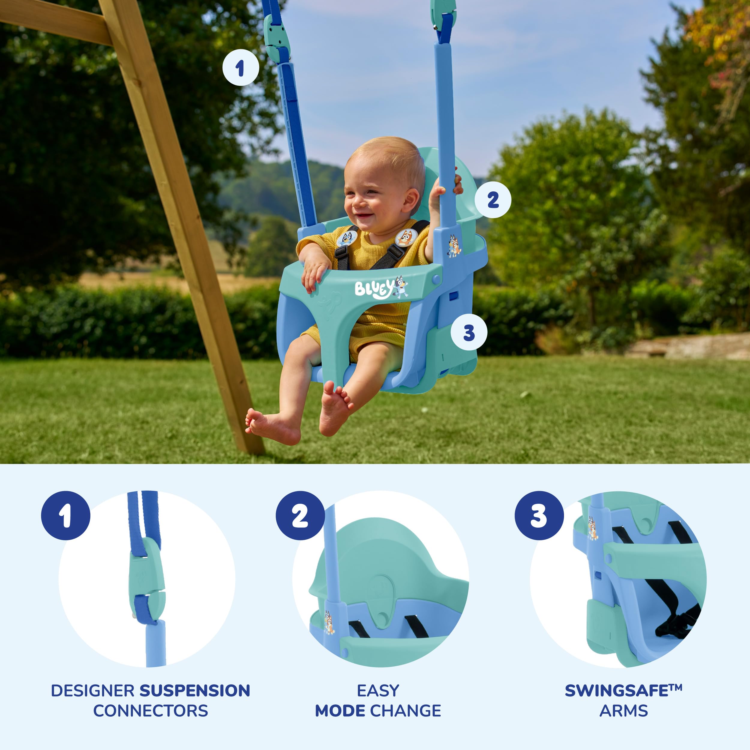 Bluey Quadpod - Asiento de Columpio cultivable 4 en 1, para Parque Infantil al Aire Libre con Cuerdas Ajustables y Correa de Seguridad, Columpio para niños pequeños para Jardines y Parques Infantiles