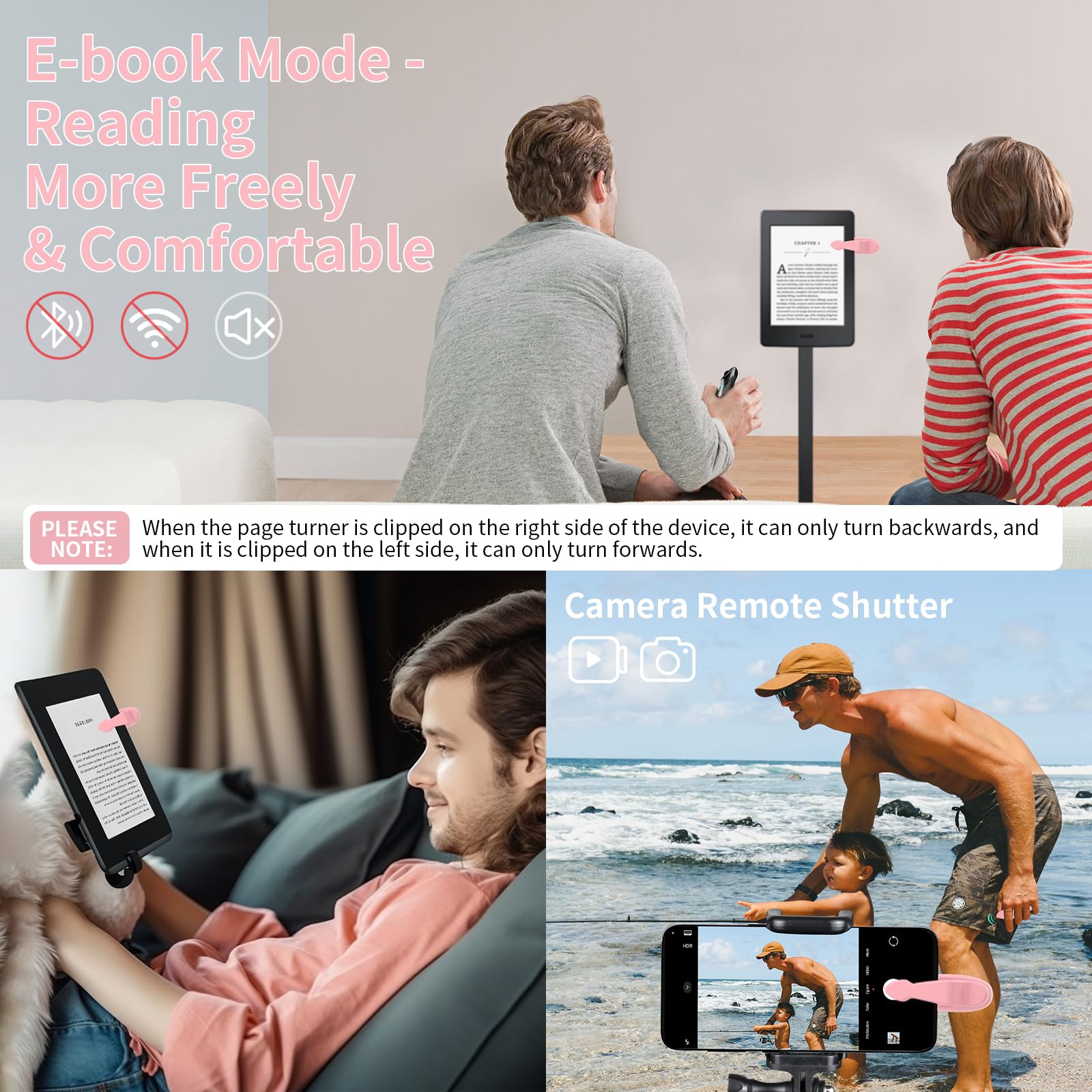 Telecomando per Kindle Page Turner – Telecomando a scorrimento per TikTok, doppia funzione per e-book e brevi video, compatibile con iPhone, iPad, Android, Kindle, ecc (rosa)