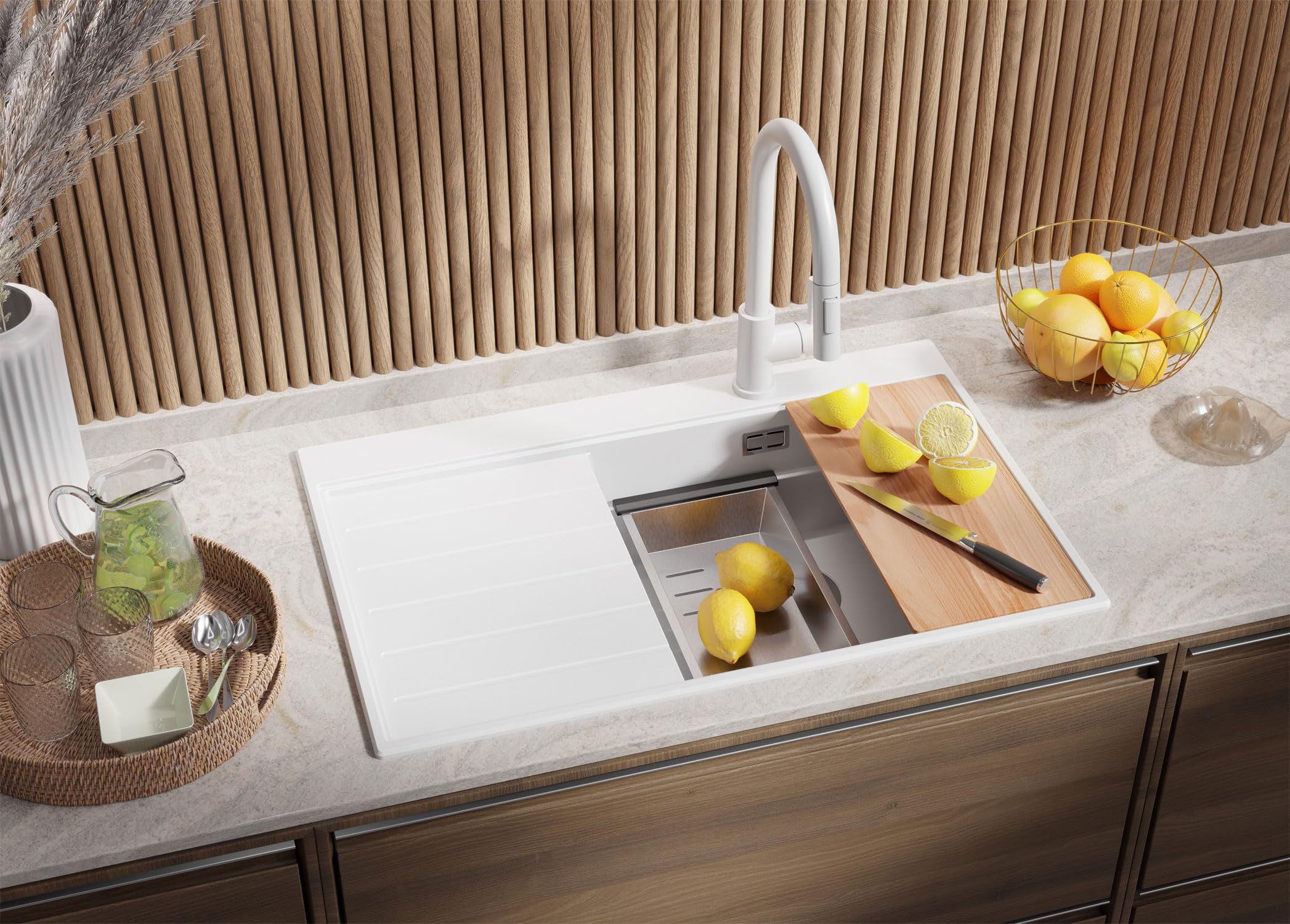 PRIMAGRAN Evier Cuisine en Granit Blanc 78x50cm, Lavabo 1 bac + Kit de Vidage, Évier à Encastrer au Meuble 50cm - Sydney S293