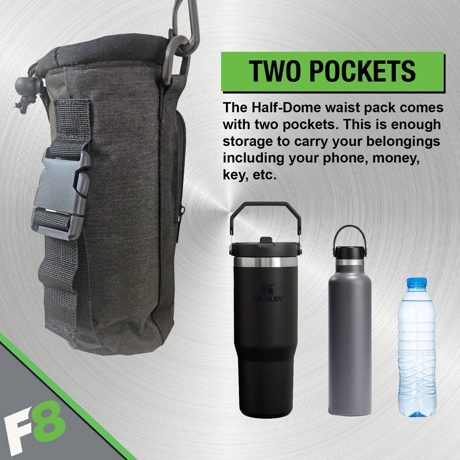 F8 Hands Free Water Bottle Carrier Holder, Outdoor Travel Tactical Molle Sling Pouch Bag, Holds Bottles Up To 30 OZ, Comfortable Adjustable Drawstring Shoulder Strap