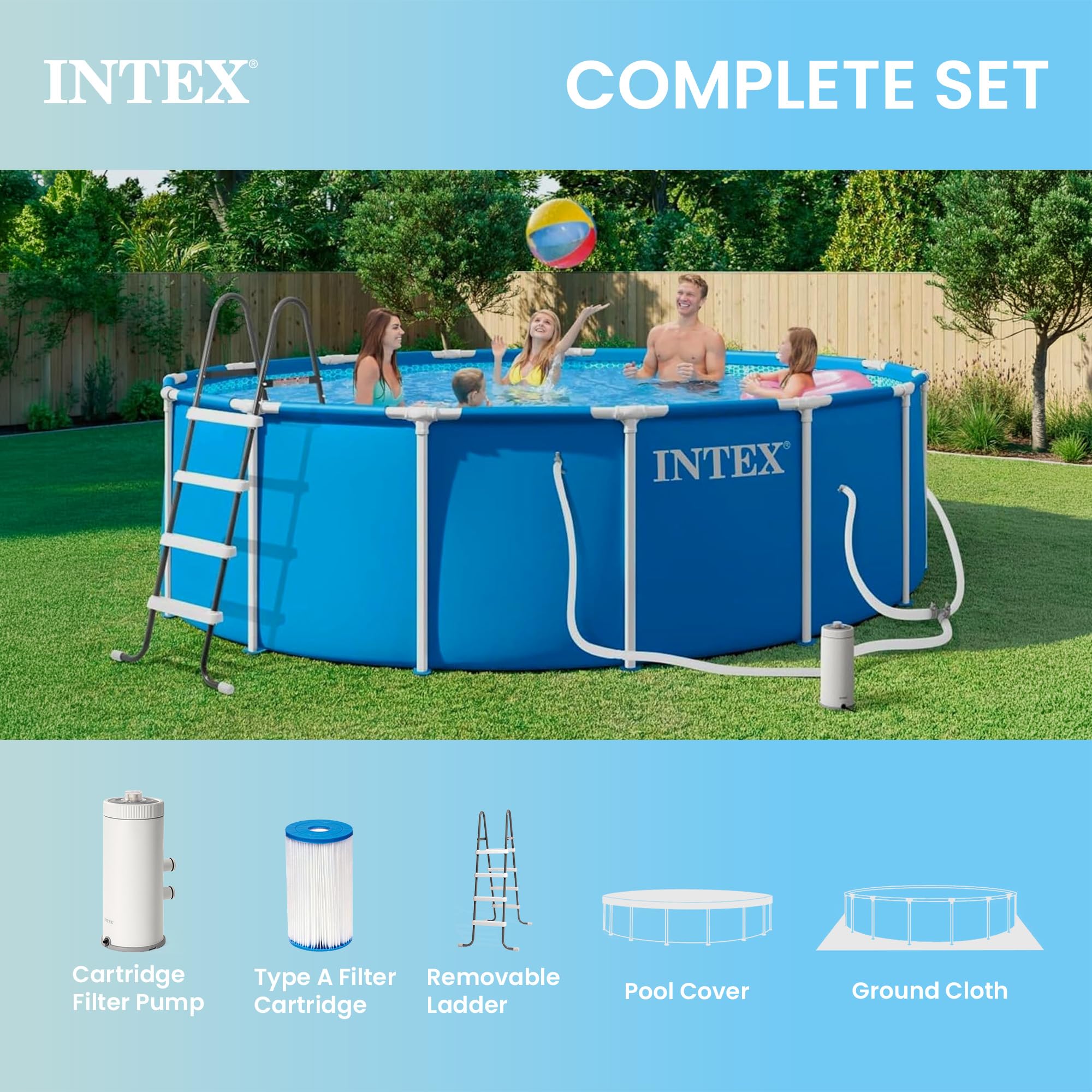 INTEX Metal Frame 15 ft x 48 in Above Ground Pool Set, Round Swimming Pool with Steel Frame, 1000 GPH Cartridge Filter Pump, and Type A Filter Cartridge - 5