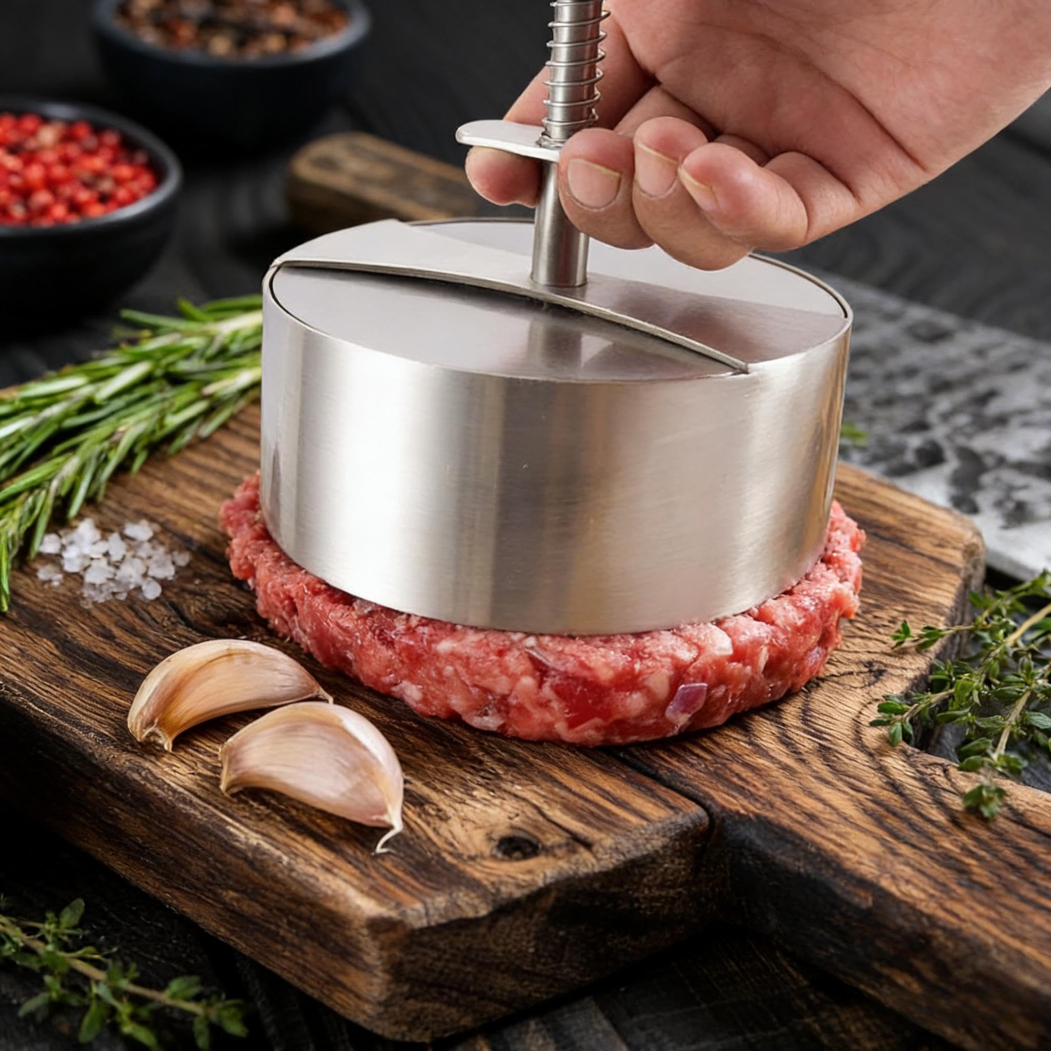 304 Acero Inoxidable Prensa Hamburguesas Hacer Hamburguesas de 11Cm de Diámetro Incluye 150 Láminas Papel Horno Molde para Hacer Hamburguesas Adecuado para Barbacoas y Ocasiones Similares