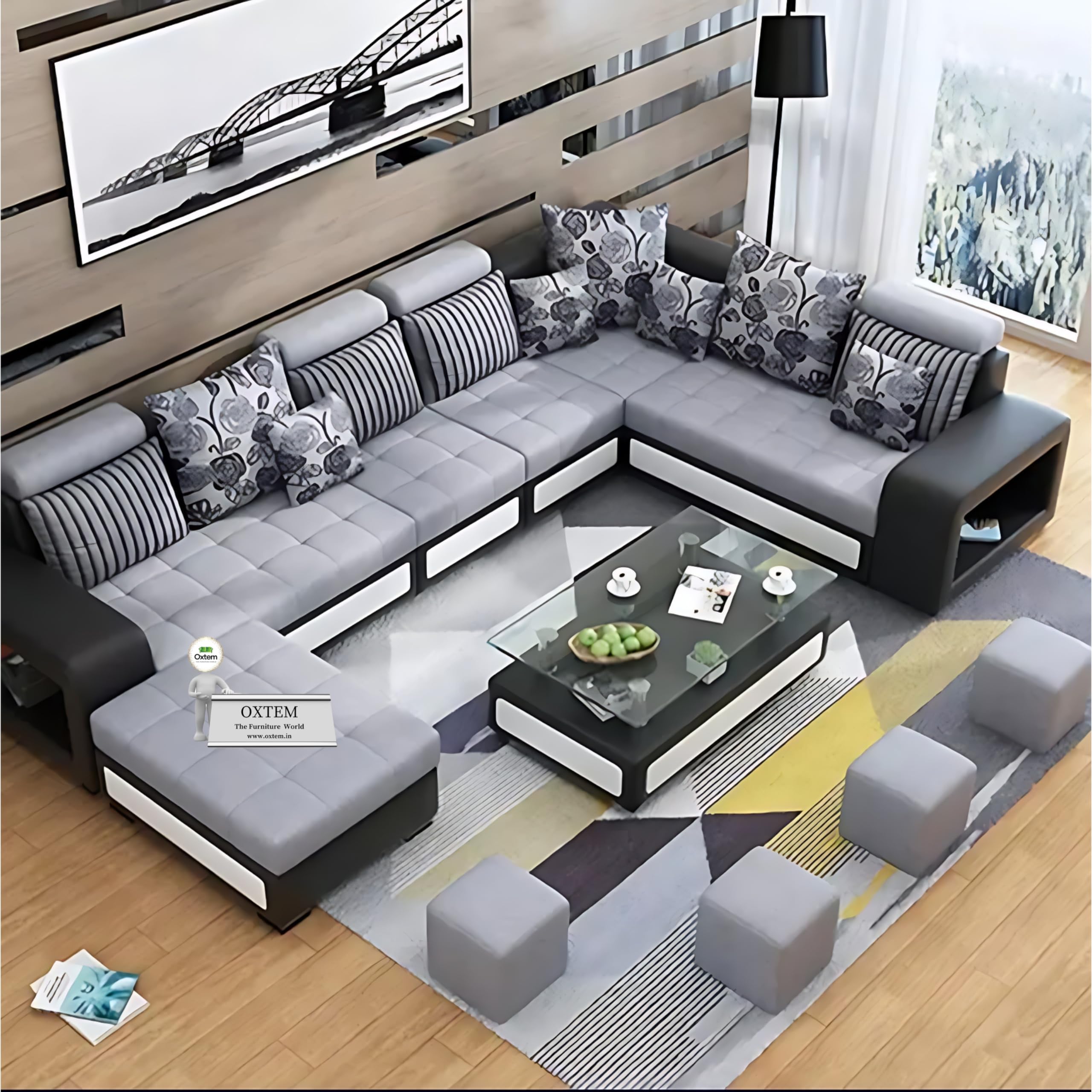 U-Shape Sectional Sofa Set for Living Room | 10-Seater Large Fabric Sofa with Tea Table & 4 Puffy | Spacious Seating Capacity 14 Persons | Premium Comfort | Pre-Assembled