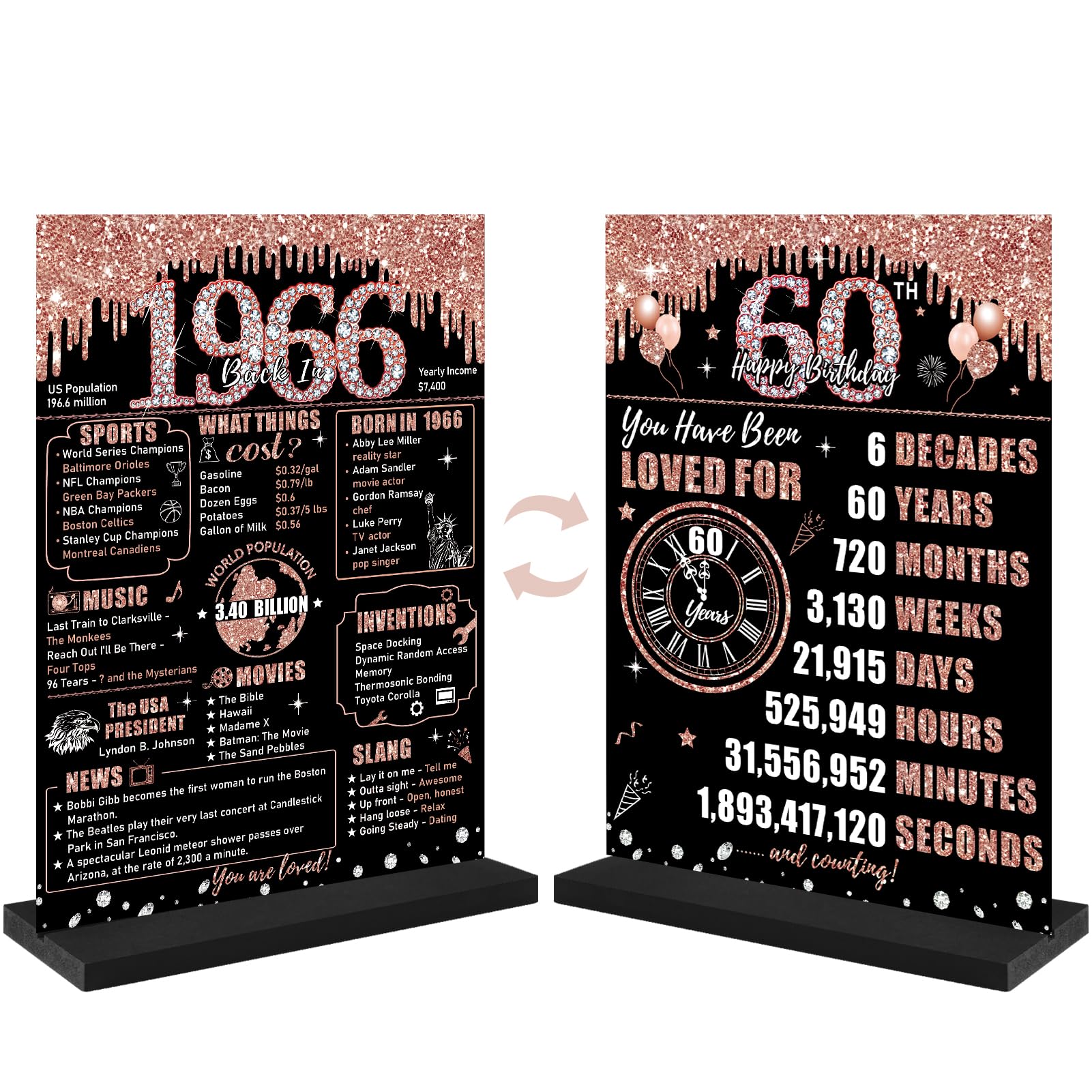 Zirtorei 60th Birthday Decorations Back in 1966 Table Sign for Women, Rose Gold Two-Sides Happy 60 Birthday Wooden Poster with Stand Party Supplies,