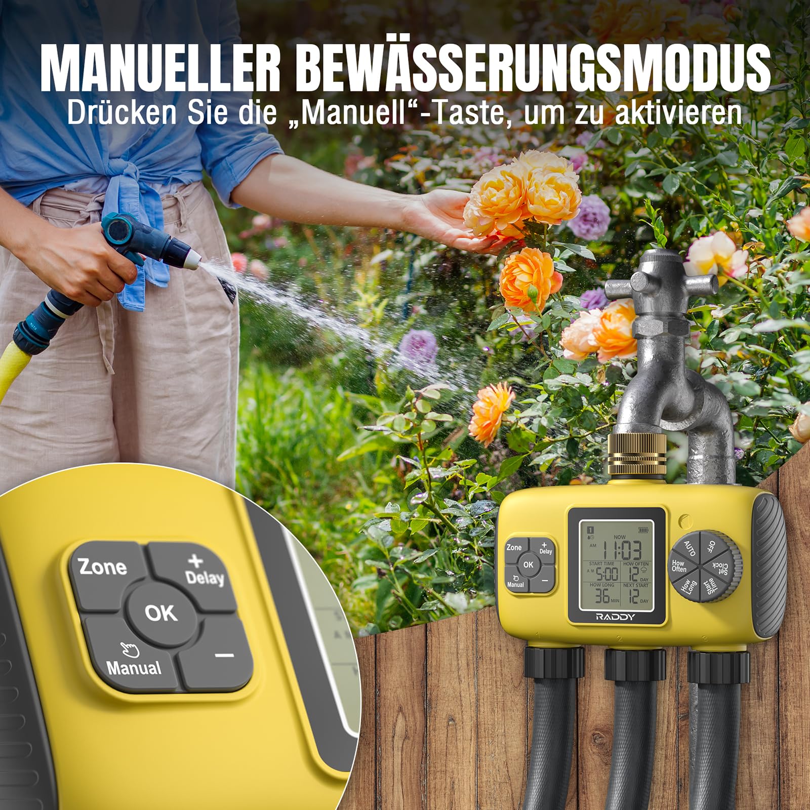 Raddy WS-8 Bewässerungscomputer 3 Ausgänge, Automatische Bewässerung Zeitschaltuhr mit manueller Bewässerung, Regenverzögerung, großes LCD-Display, IPX5 wasserdicht für Gartenhöfe, Gelb