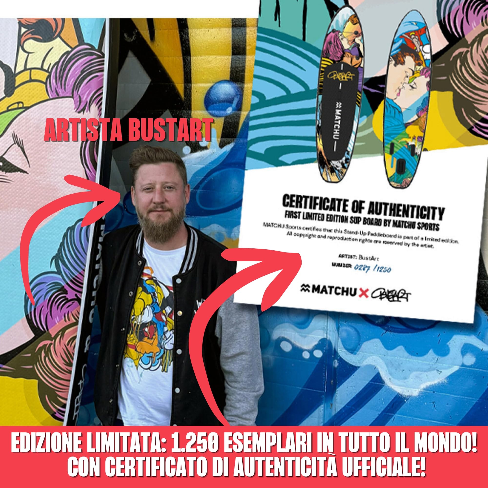 MATCHU - Sup Board gonfiabile - Paddle Board - Edizione limitata - Certificato - Set completo - 320 x 81 x 15 cm - Portata 150 kg - Collezione Art