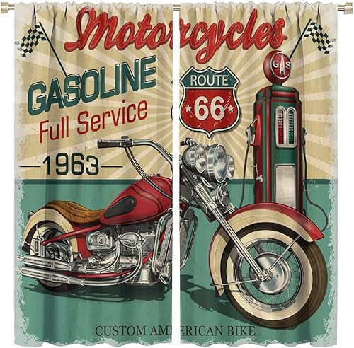 Cortinas opacas retro para motocicleta, estilo vintage, ruta 66, privacidad, retro, clásica, para gasolinera, para sala de estar, dormitorio, 63 x