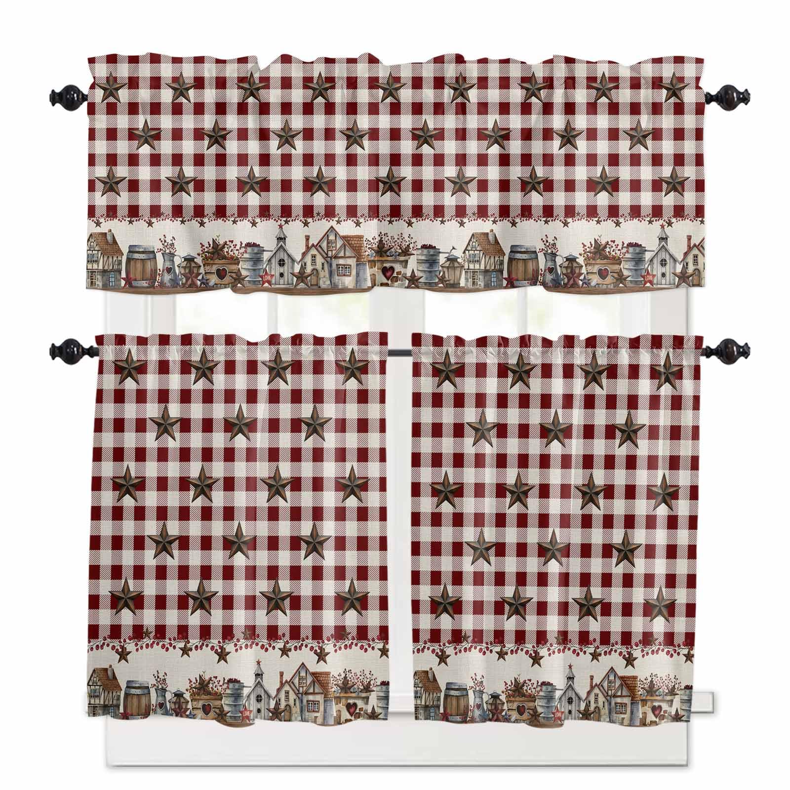 Farm Red Kitchen Curtains 24 Inch Length, 3 Piece Rod Pocket Small Half Tiers and Valance Set, Brown Western Texas Star Red Plaid Country Small Large Window Treatment Decor for Bedroom/Bathroom Sink